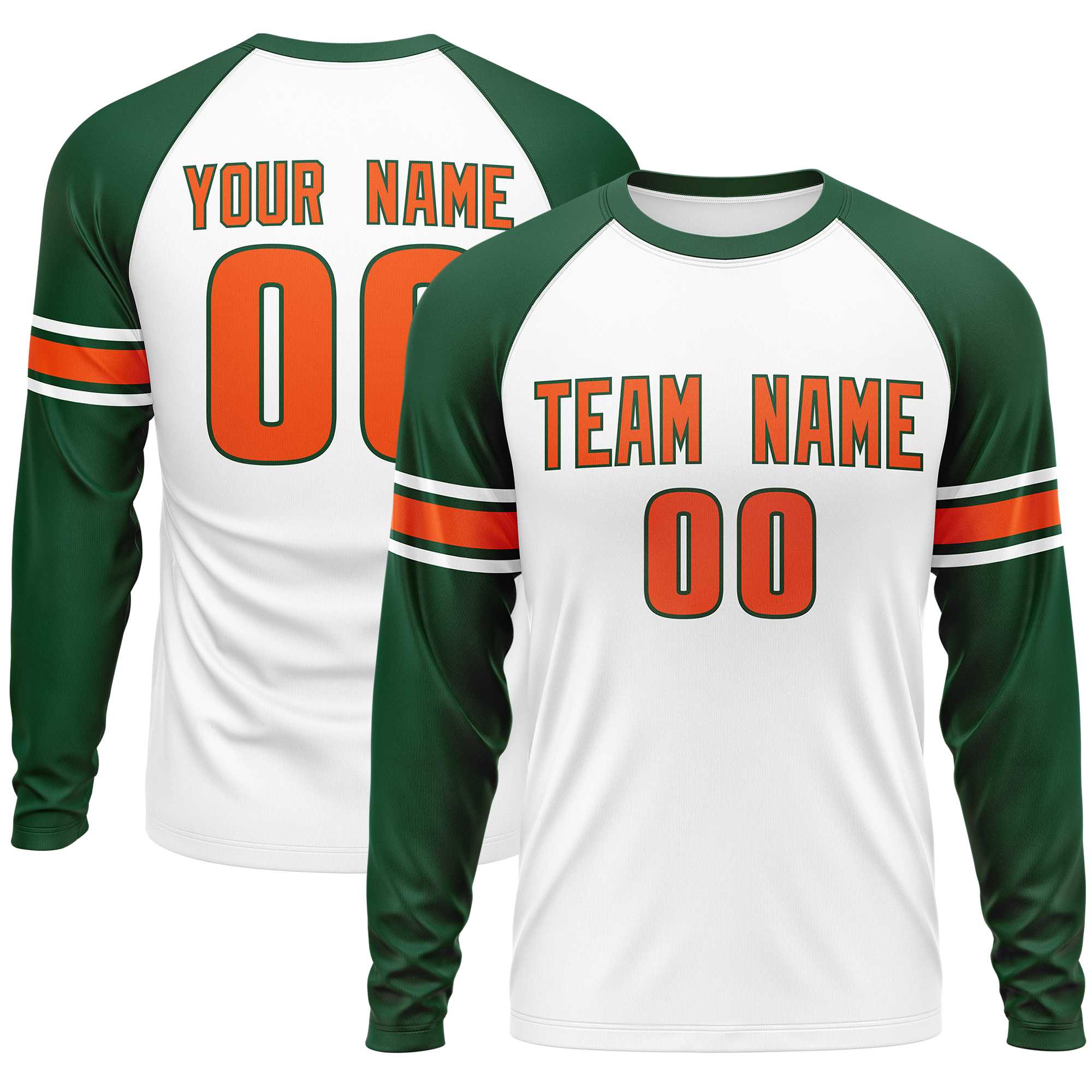 Custom White Green Orange Crew Neck Personalized Raglan Long Sleeve Performance T-shirt | KXKSHOP