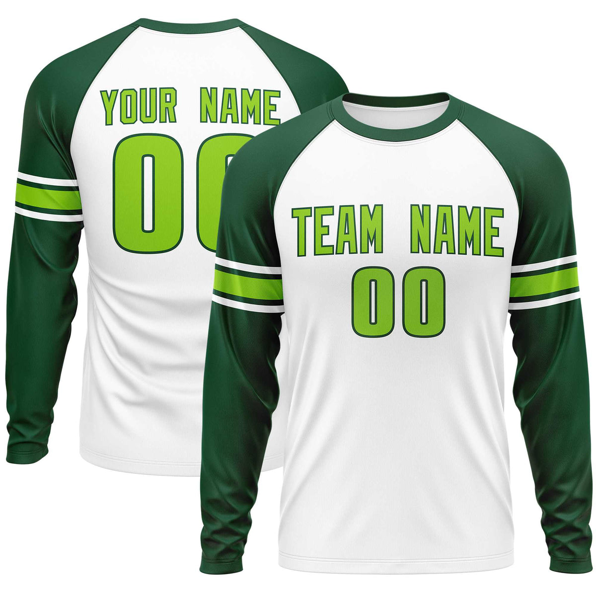 Custom White Green Neon Green Crew Neck Personalized Raglan Long Sleeve Performance T-shirt | KXKSHOP
