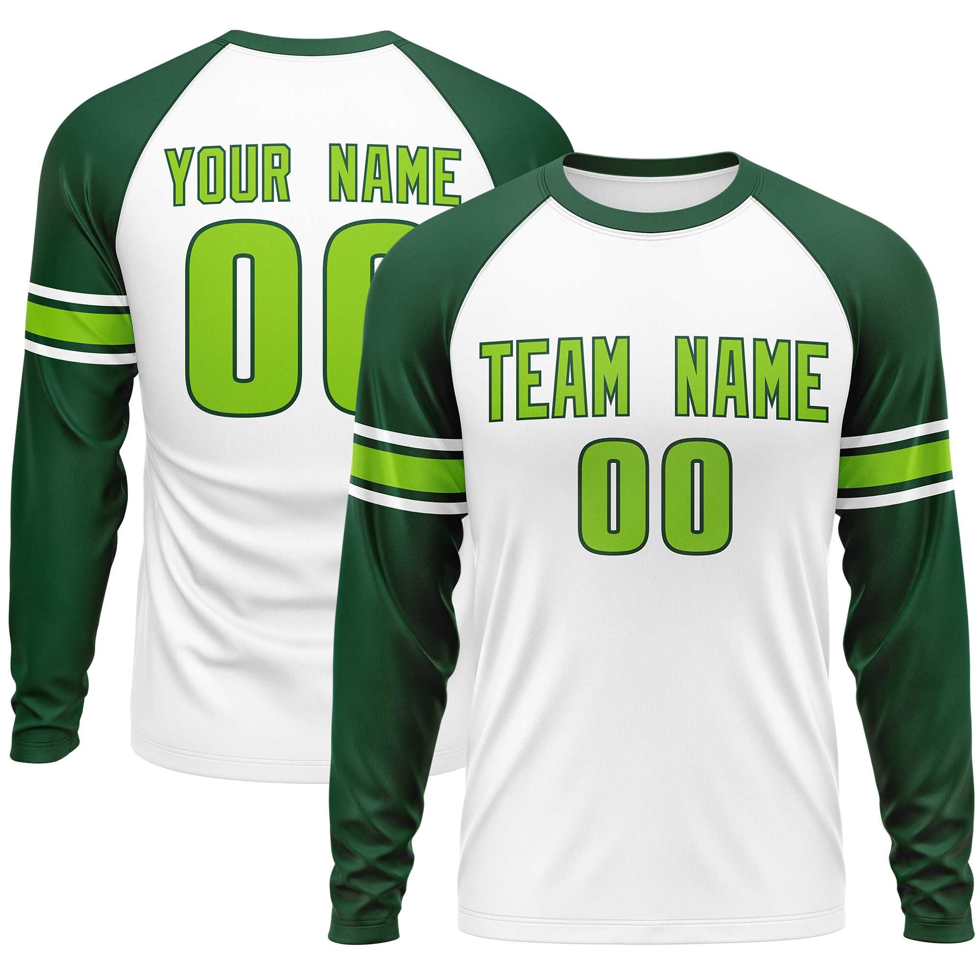 Custom White Green Neon Green Crew Neck Personalized Raglan Long Sleeve Performance T-shirt | KXKSHOP