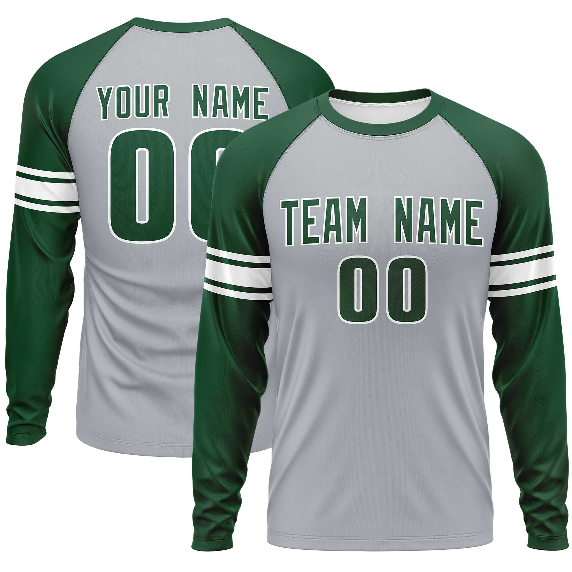 Custom Gray Green White Crew Neck Personalized Raglan Long Sleeve Performance T-shirt | KXKSHOP