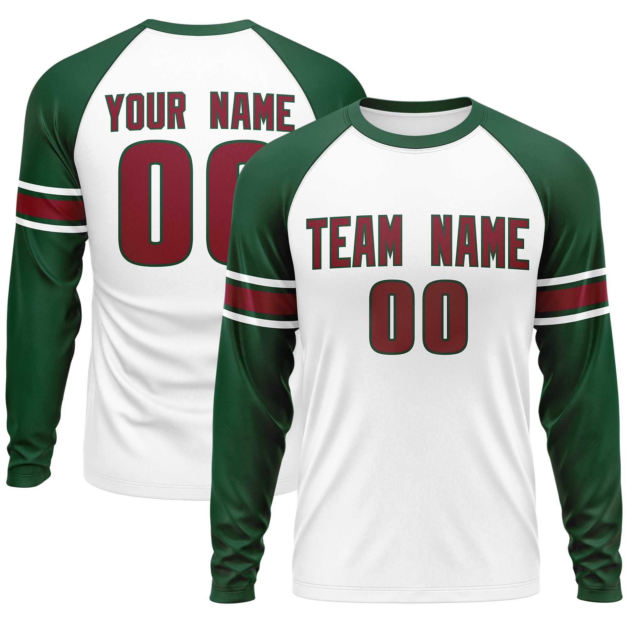 Custom White Green Crimson Crew Neck Personalized Raglan Long Sleeve Performance T-shirt | KXKSHOP