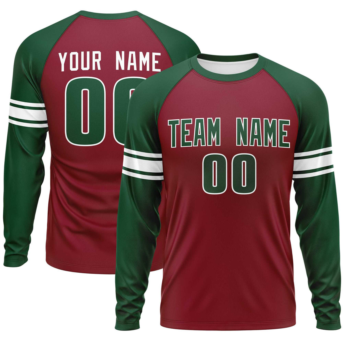 Custom Crimson Green White Crew Neck Personalized Raglan Long Sleeve Performance T-shirt | KXKSHOP