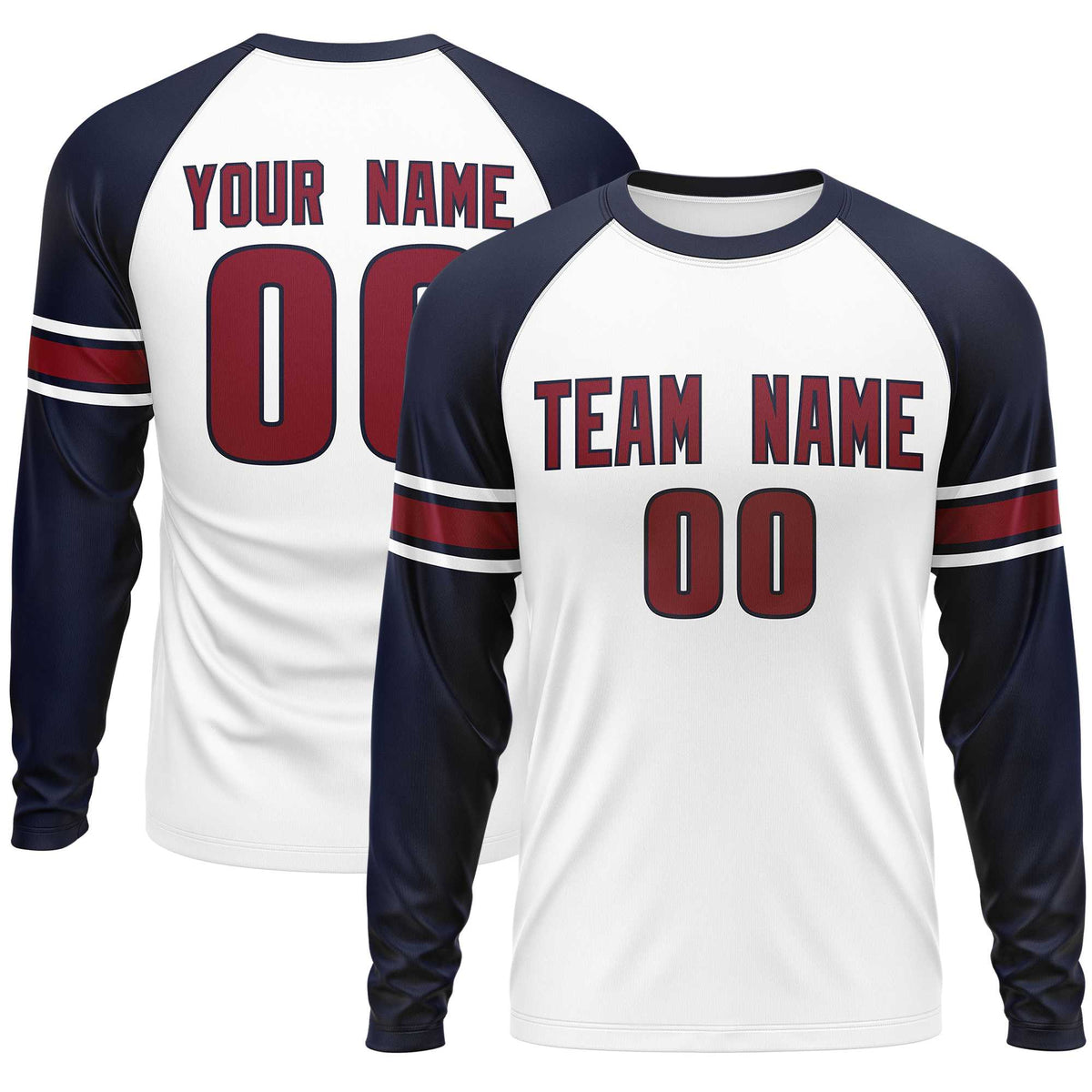 Custom White Navy Crimson Crew Neck Personalized Raglan Long Sleeve Performance T-shirt | KXKSHOP