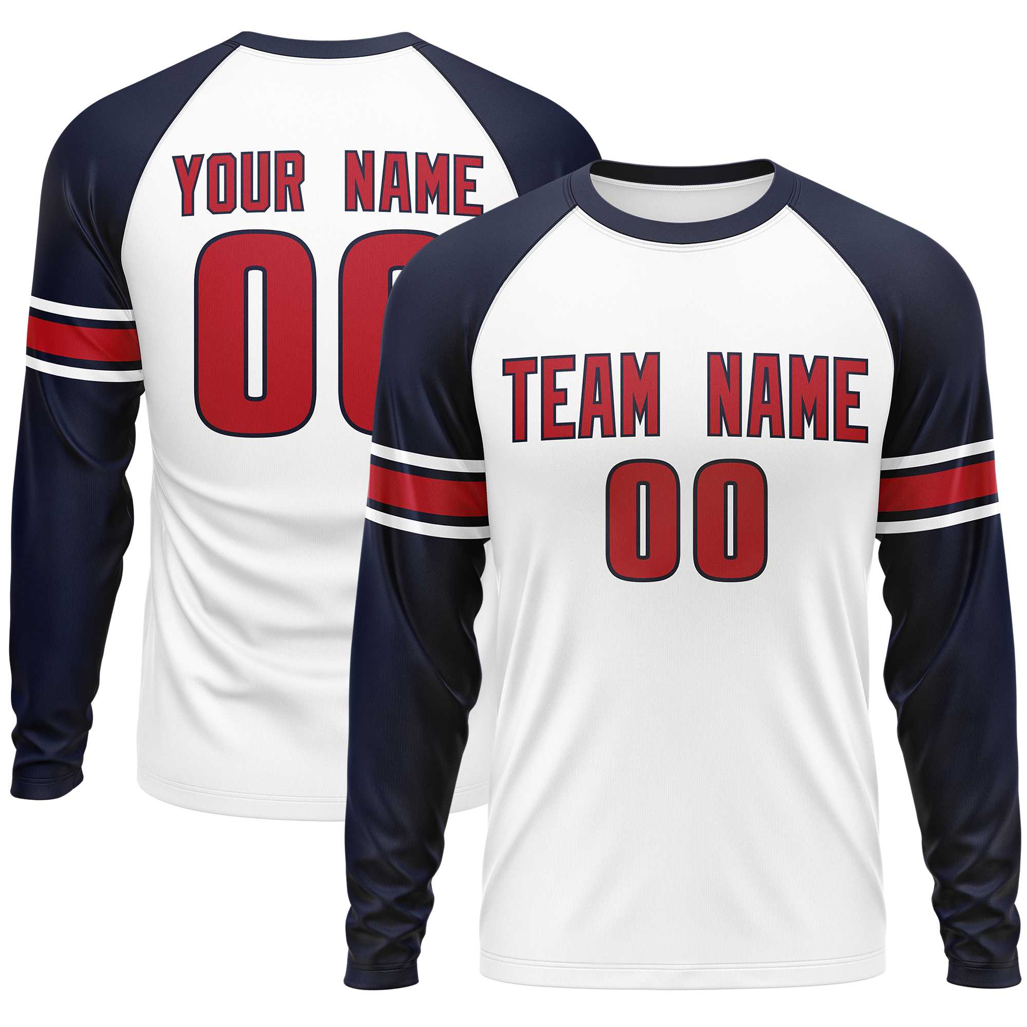 Custom White Navy Red Crew Neck Personalized Raglan Long Sleeve Performance T-shirt | KXKSHOP