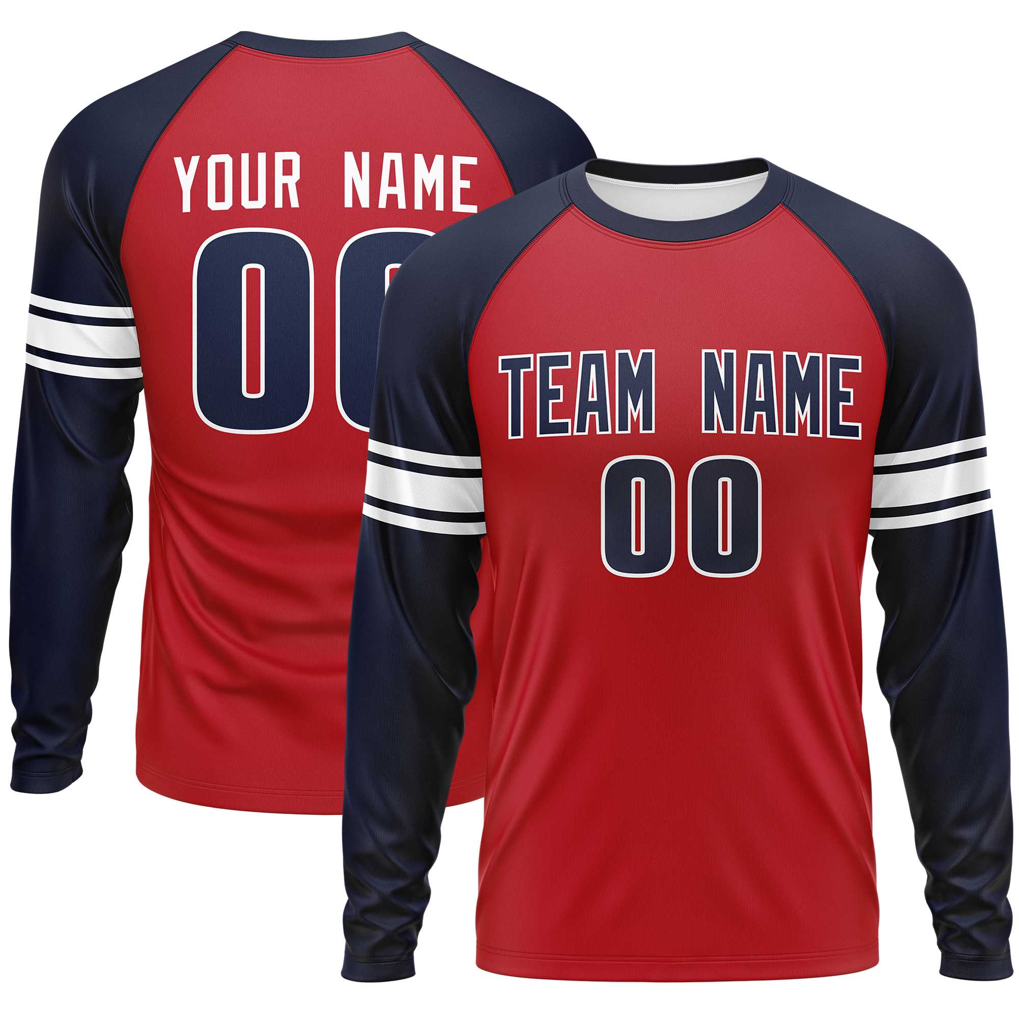 Custom Red Navy White Crew Neck Personalized Raglan Long Sleeve Performance T-shirt | KXKSHOP