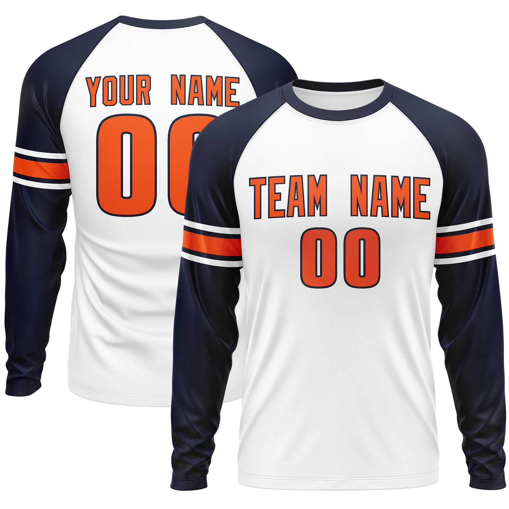 Custom White Navy Orange Crew Neck Personalized Raglan Long Sleeve Performance T-shirt | KXKSHOP