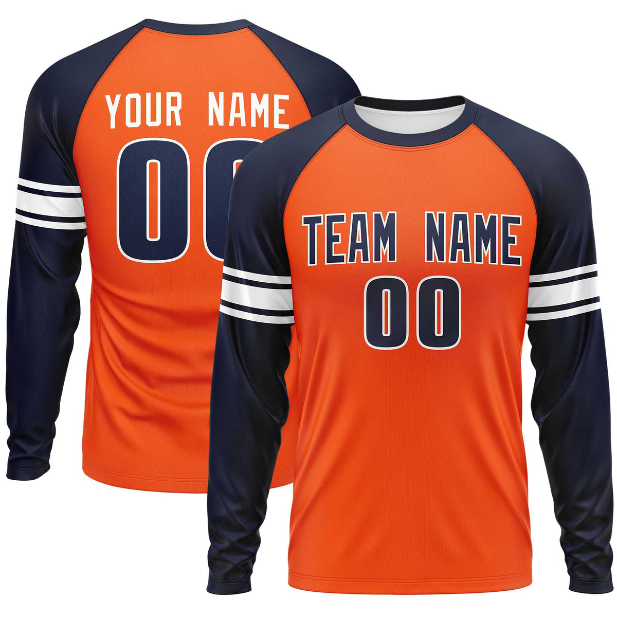 Custom Orange Navy White Crew Neck Personalized Raglan Long Sleeve Performance T-shirt | KXKSHOP