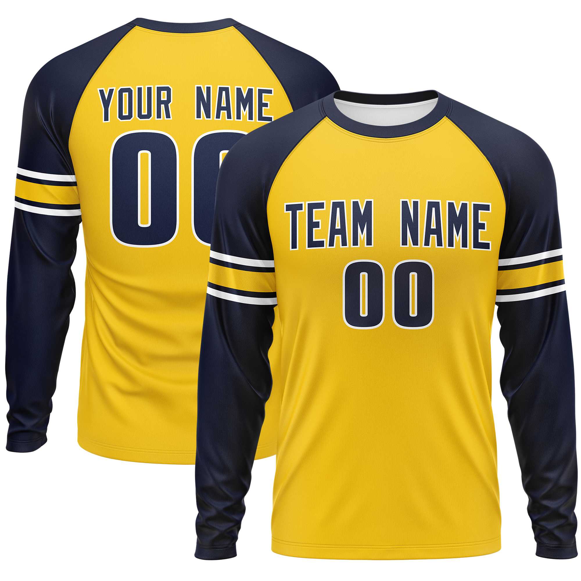 Custom Gold Navy Gold Crew Neck Personalized Raglan Long Sleeve Performance T-shirt | KXKSHOP