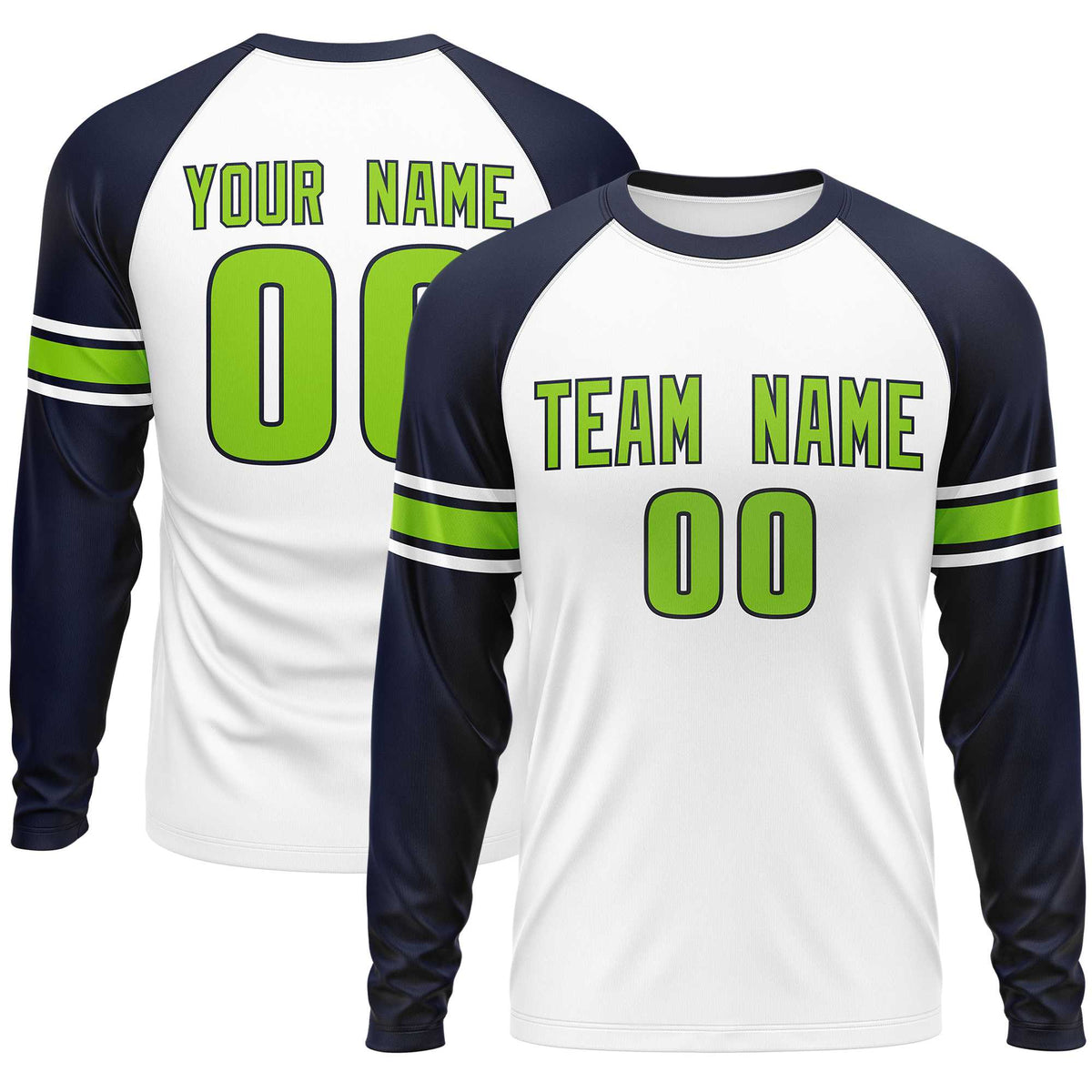 Custom White Navy Neon Green Crew Neck Personalized Raglan Long Sleeve Performance T-shirt | KXKSHOP