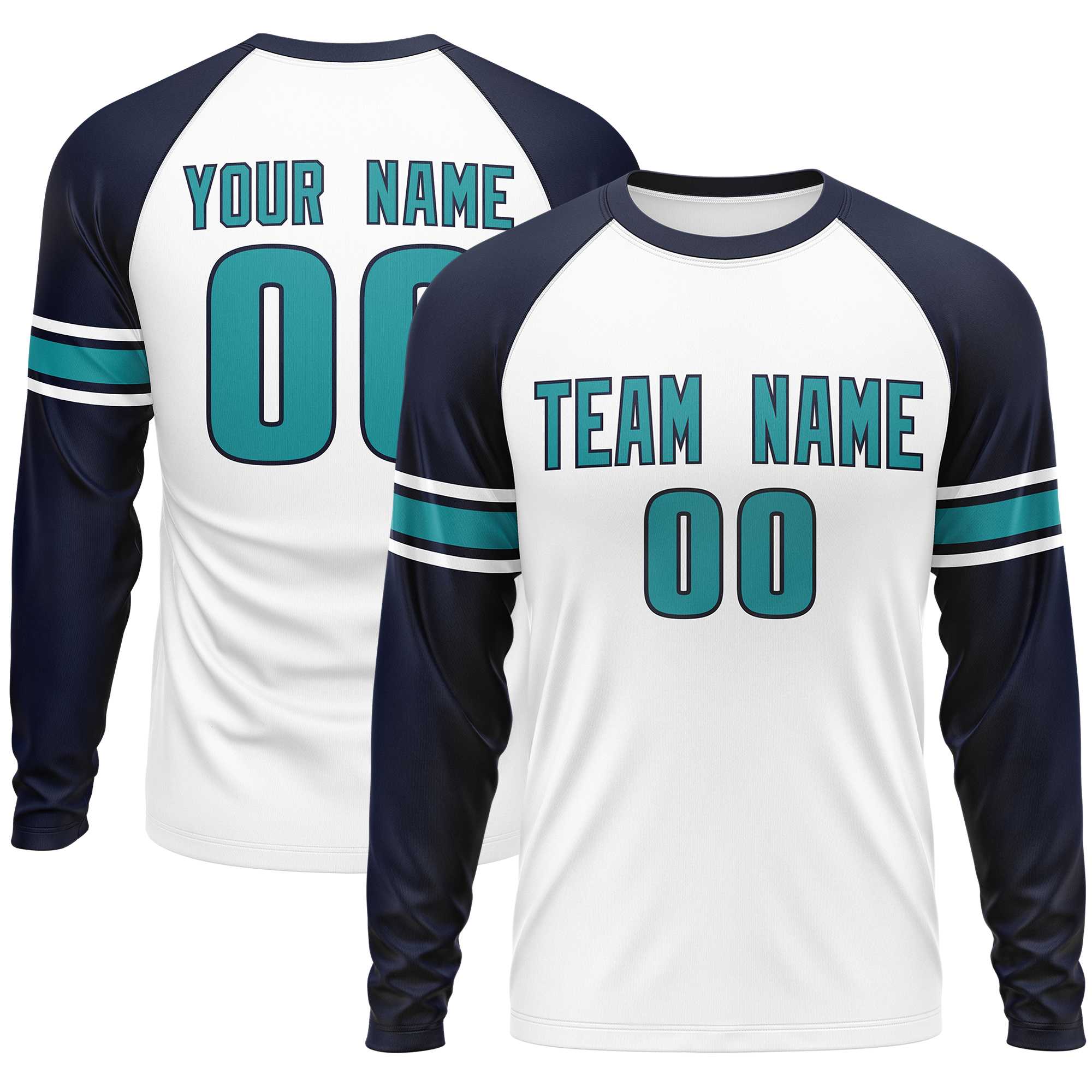 Custom White Navy Aqua Crew Neck Personalized Raglan Long Sleeve Performance T-shirt | KXKSHOP