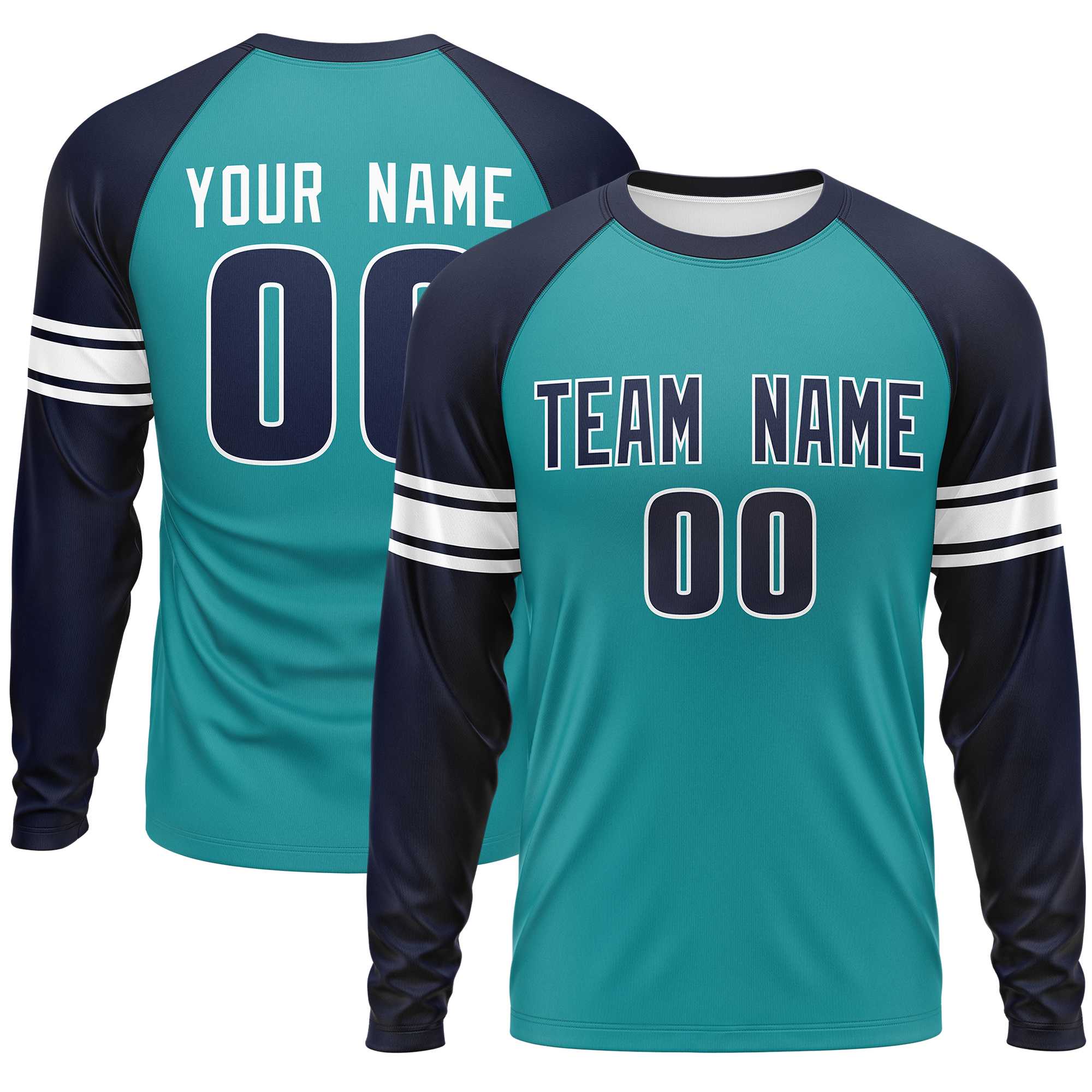 Custom Aqua Navy White Crew Neck Personalized Raglan Long Sleeve Performance T-shirt | KXKSHOP