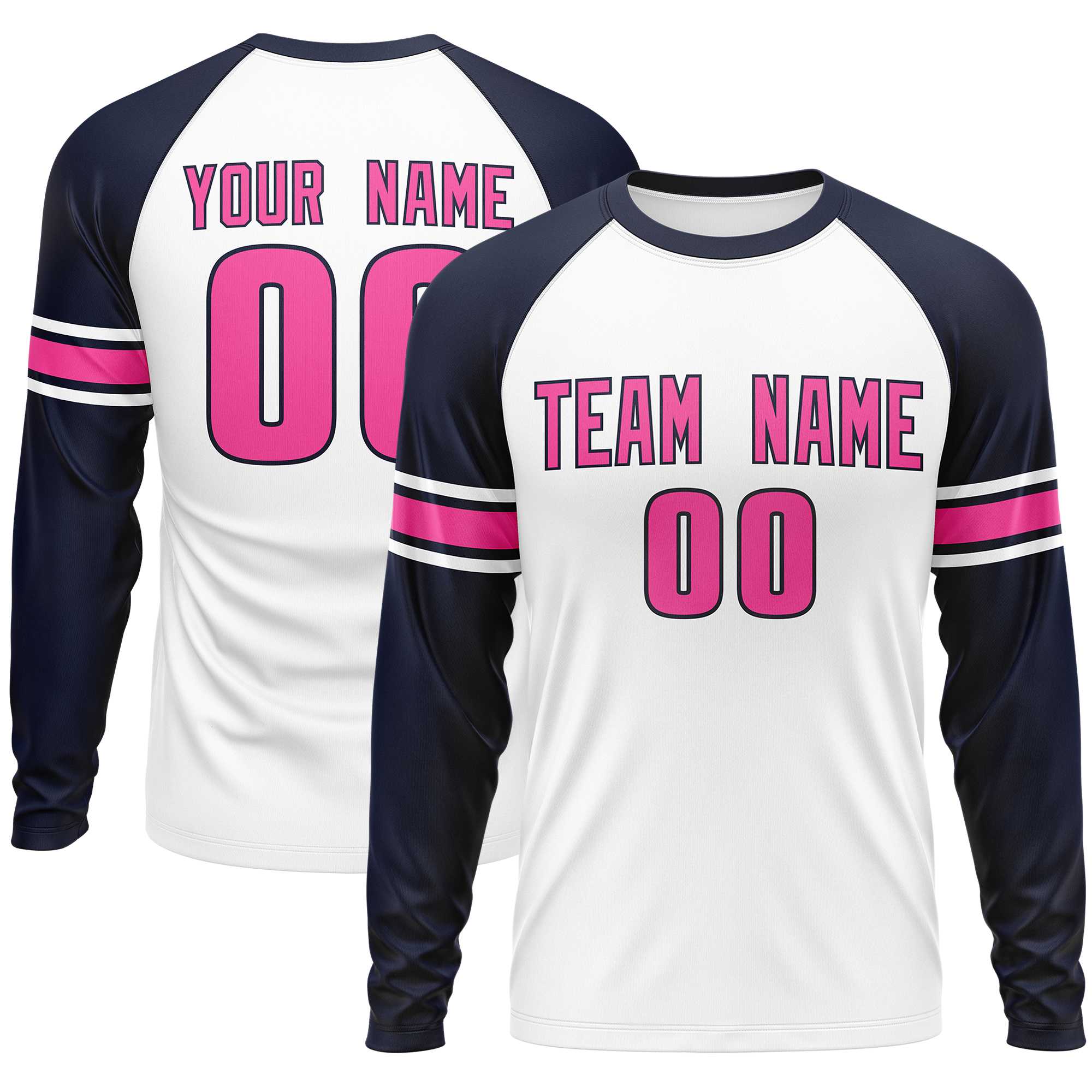 Custom White Navy Pink Crew Neck Personalized Raglan Long Sleeve Performance T-shirt | KXKSHOP