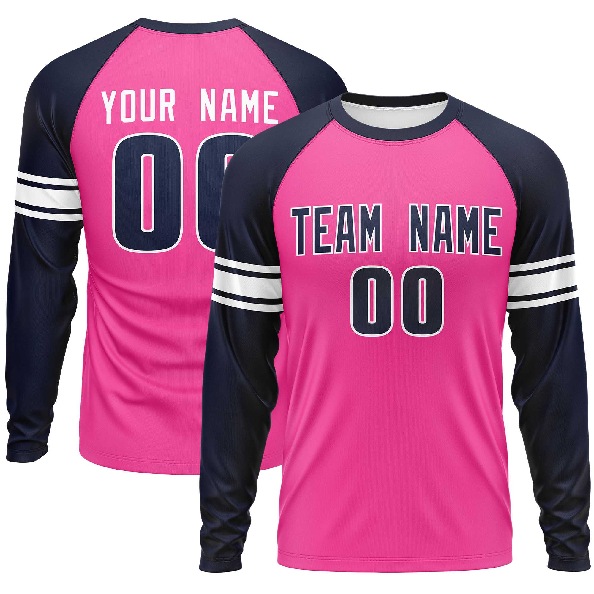 Custom Pink Navy White Crew Neck Personalized Raglan Long Sleeve Performance T-shirt | KXKSHOP