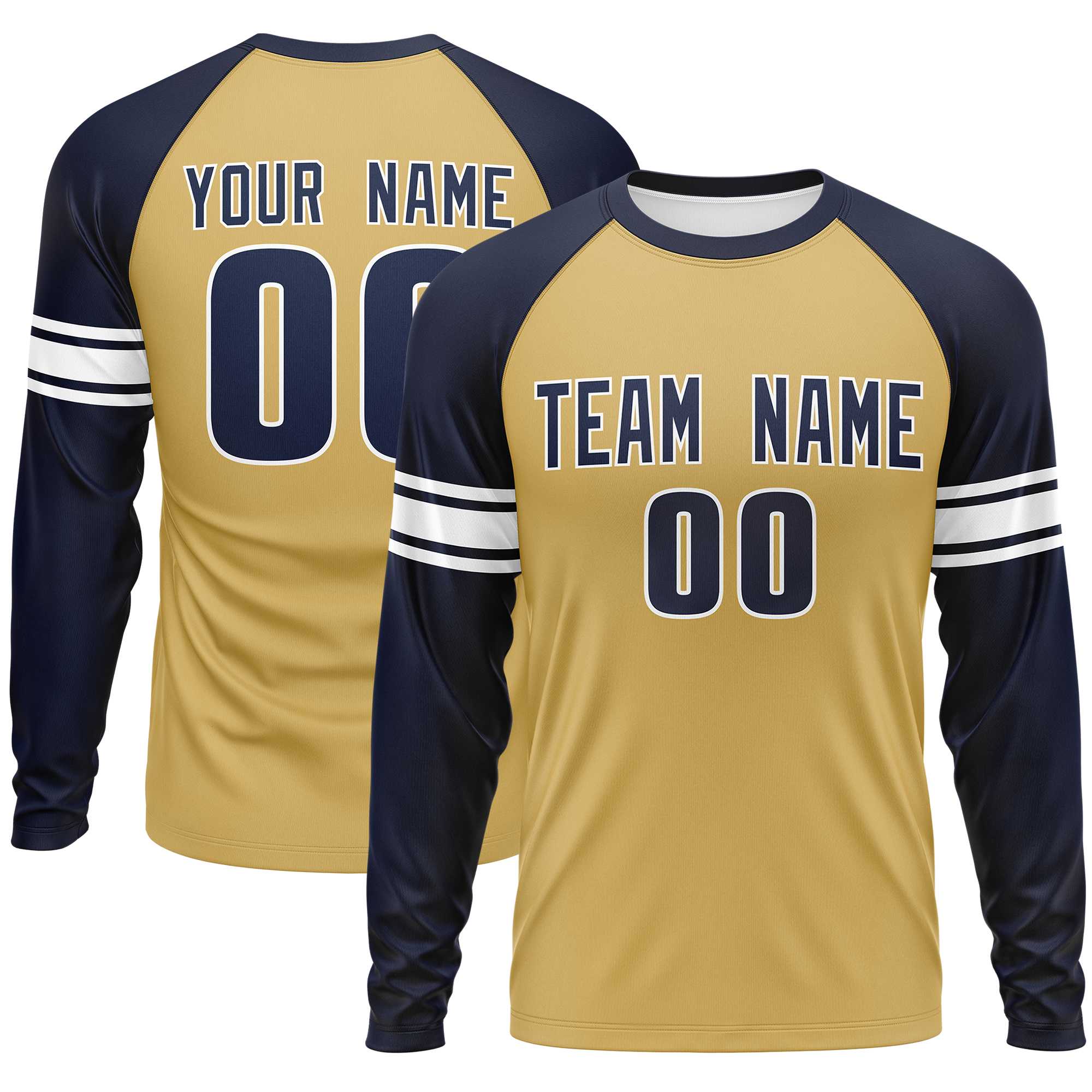 Custom Old Gold Navy White Crew Neck Personalized Raglan Long Sleeve Performance T-shirt | KXKSHOP