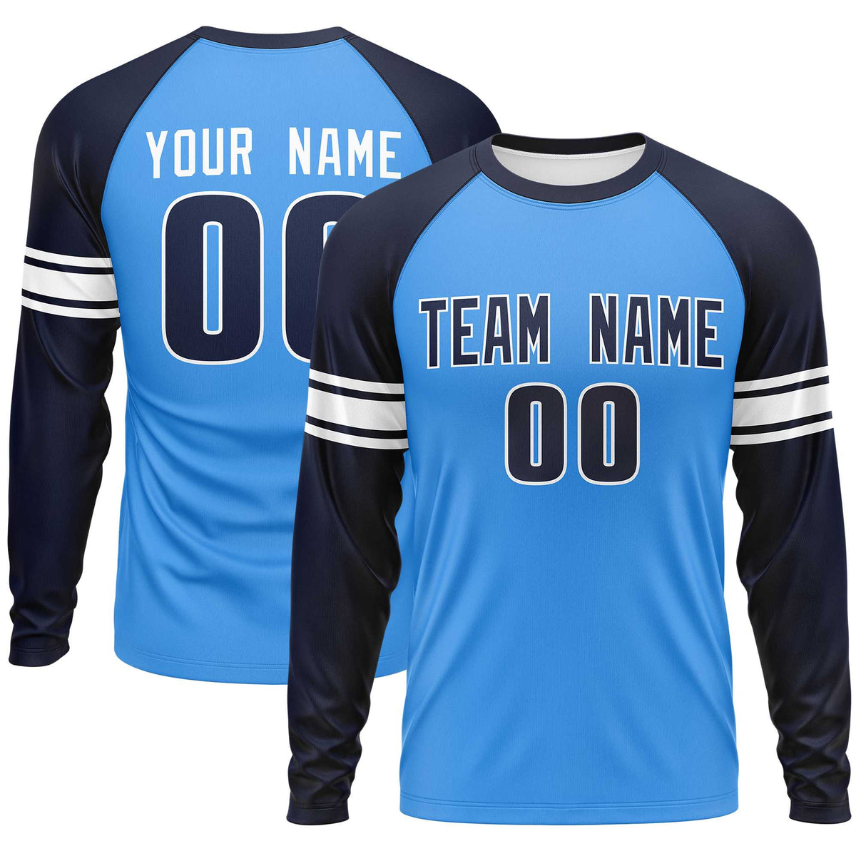 Custom Powder Blue Navy White Crew Neck Personalized Raglan Long Sleeve Performance T-shirt | KXKSHOP