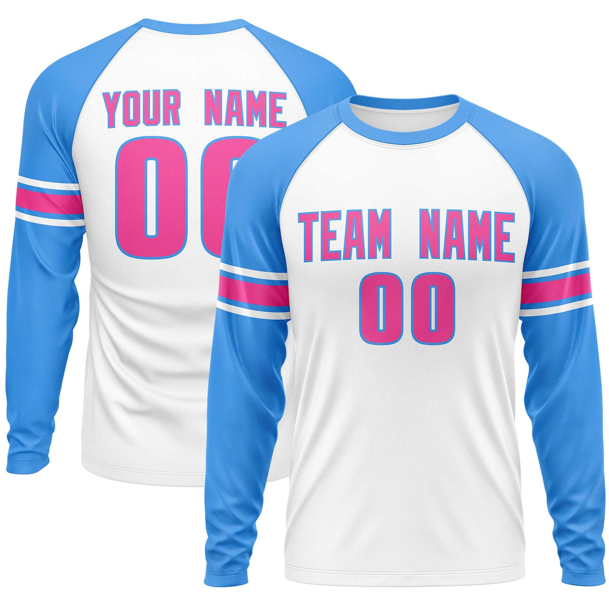 Custom White Powder Blue Pink Crew Neck Personalized Raglan Long Sleeve Performance T-shirt | KXKSHOP