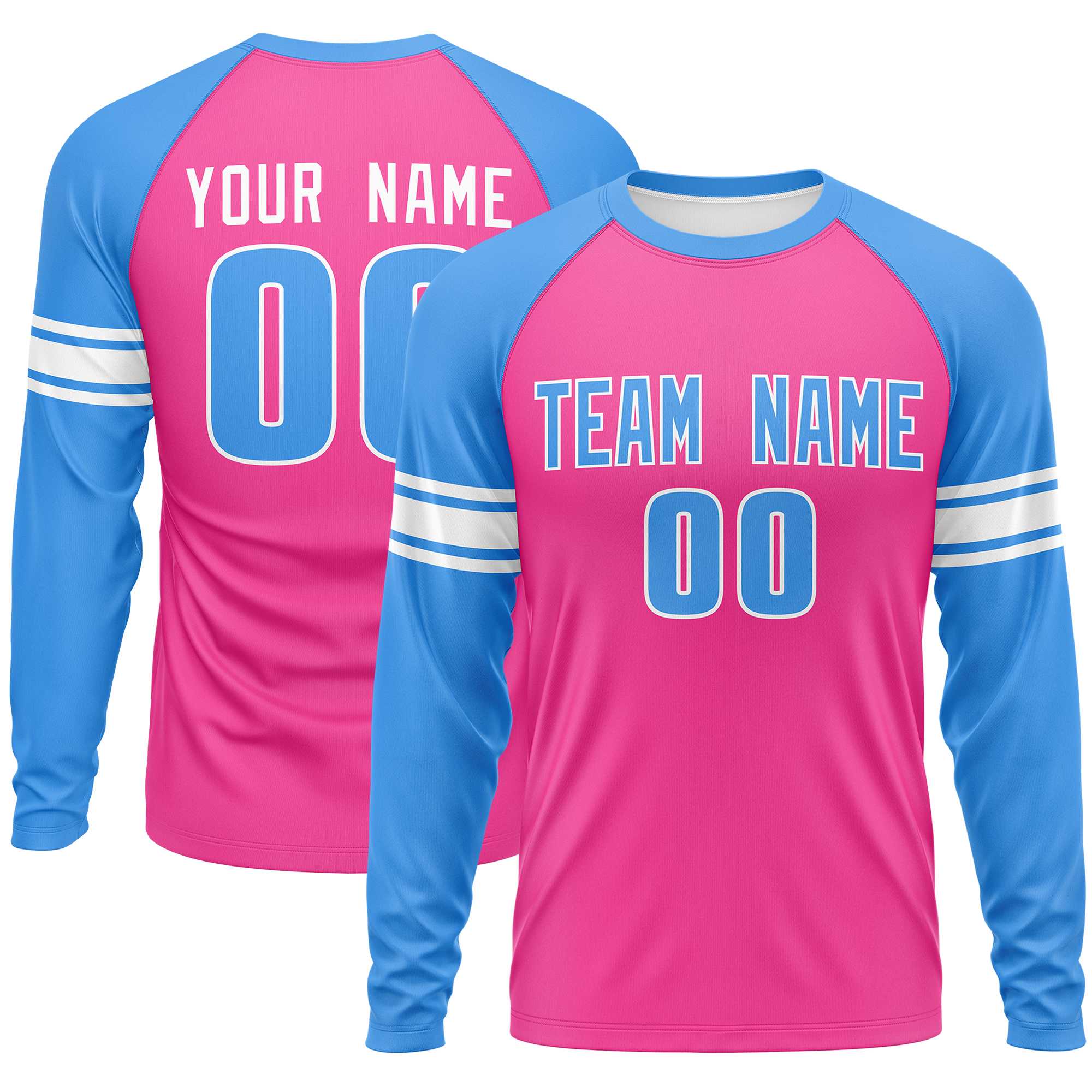 Custom Pink Powder Blue White Crew Neck Personalized Raglan Long Sleeve Performance T-shirt | KXKSHOP
