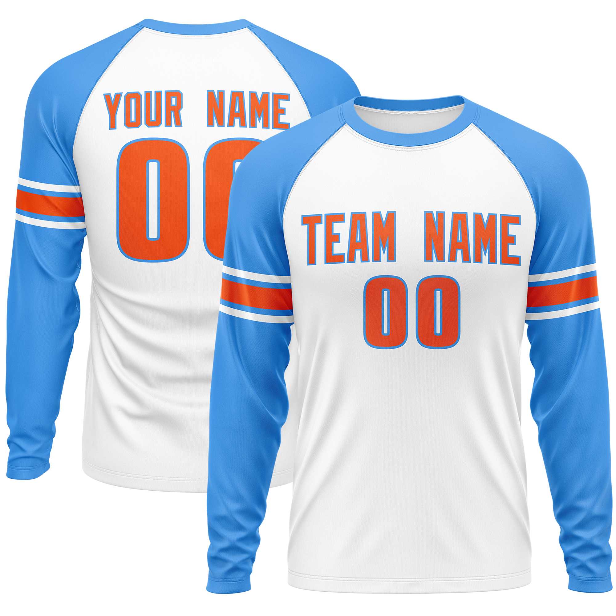 Custom White Powder Blue Orange Crew Neck Personalized Raglan Long Sleeve Performance T-shirt | KXKSHOP