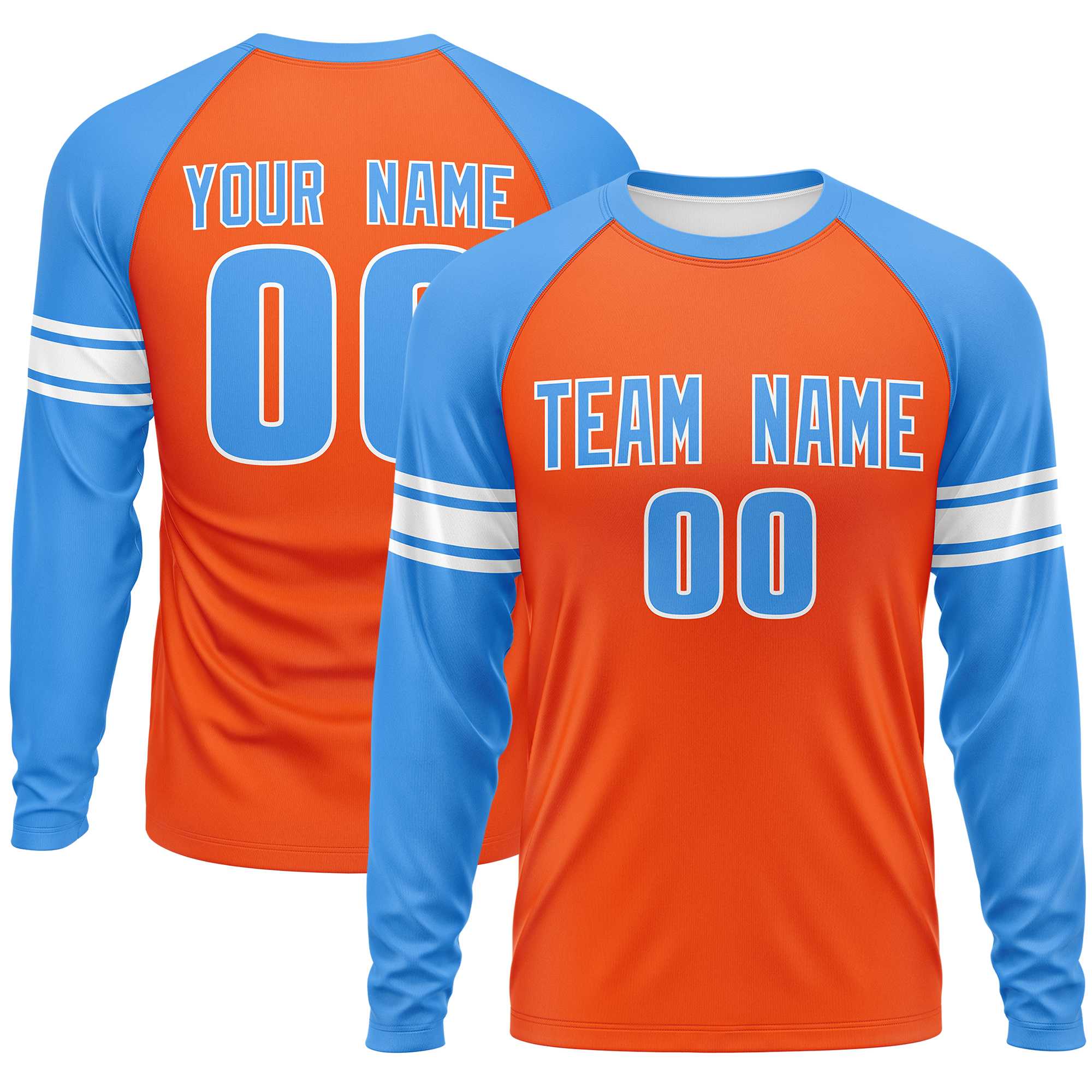 Custom Orange Powder Blue White Crew Neck Personalized Raglan Long Sleeve Performance T-shirt | KXKSHOP