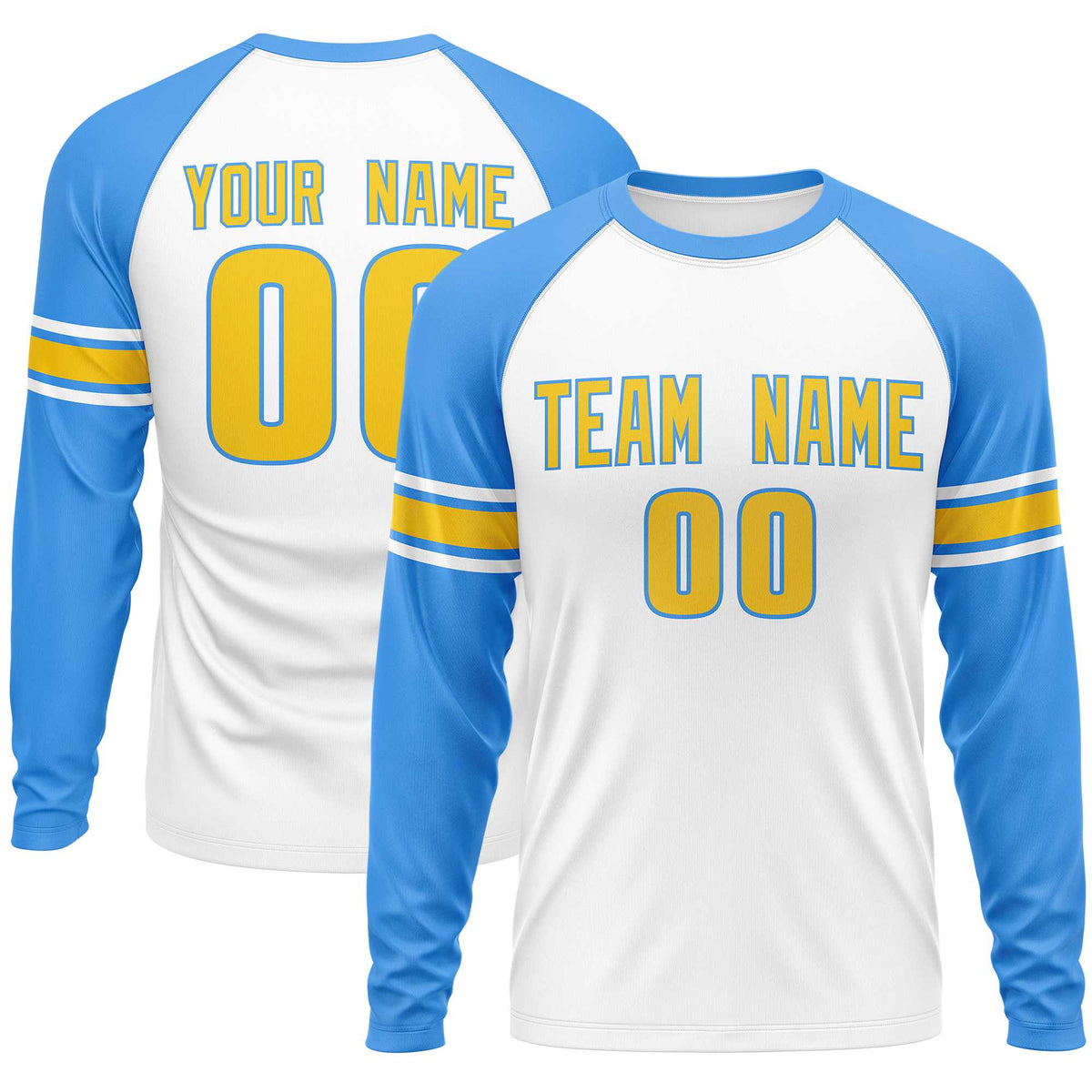 Custom White Powder Blue Gold Crew Neck Personalized Raglan Long Sleeve Performance T-shirt | KXKSHOP