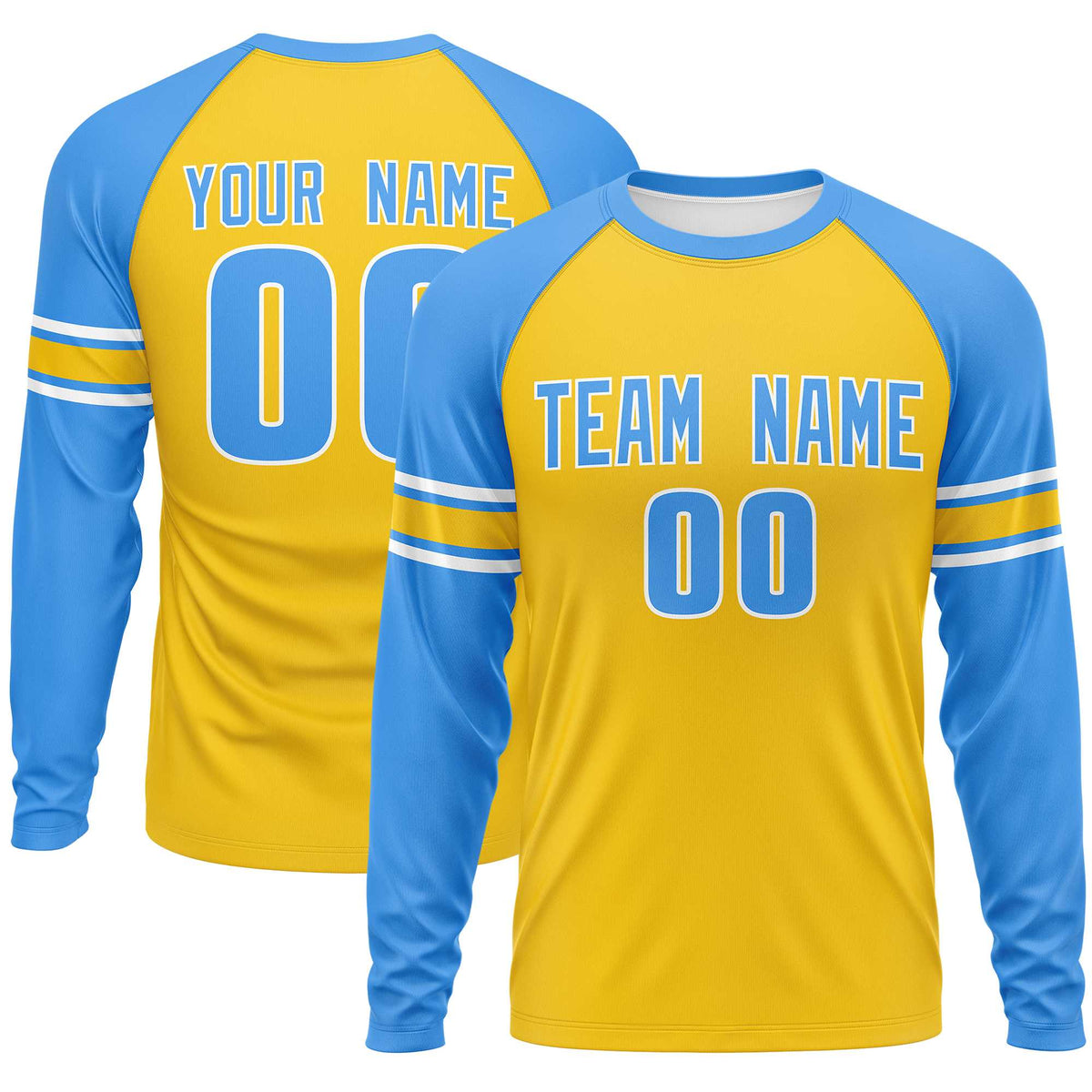 Custom Gold Powder Blue White Crew Neck Personalized Raglan Long Sleeve Performance T-shirt | KXKSHOP