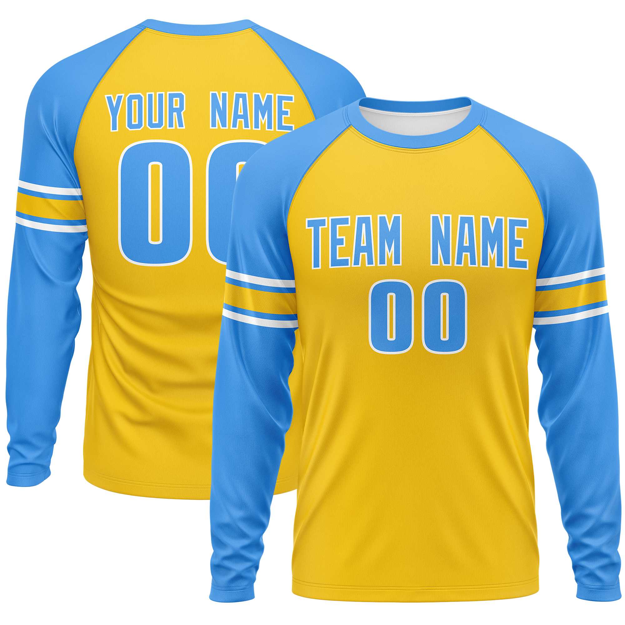 Custom Gold Powder Blue White Crew Neck Personalized Raglan Long Sleeve Performance T-shirt | KXKSHOP
