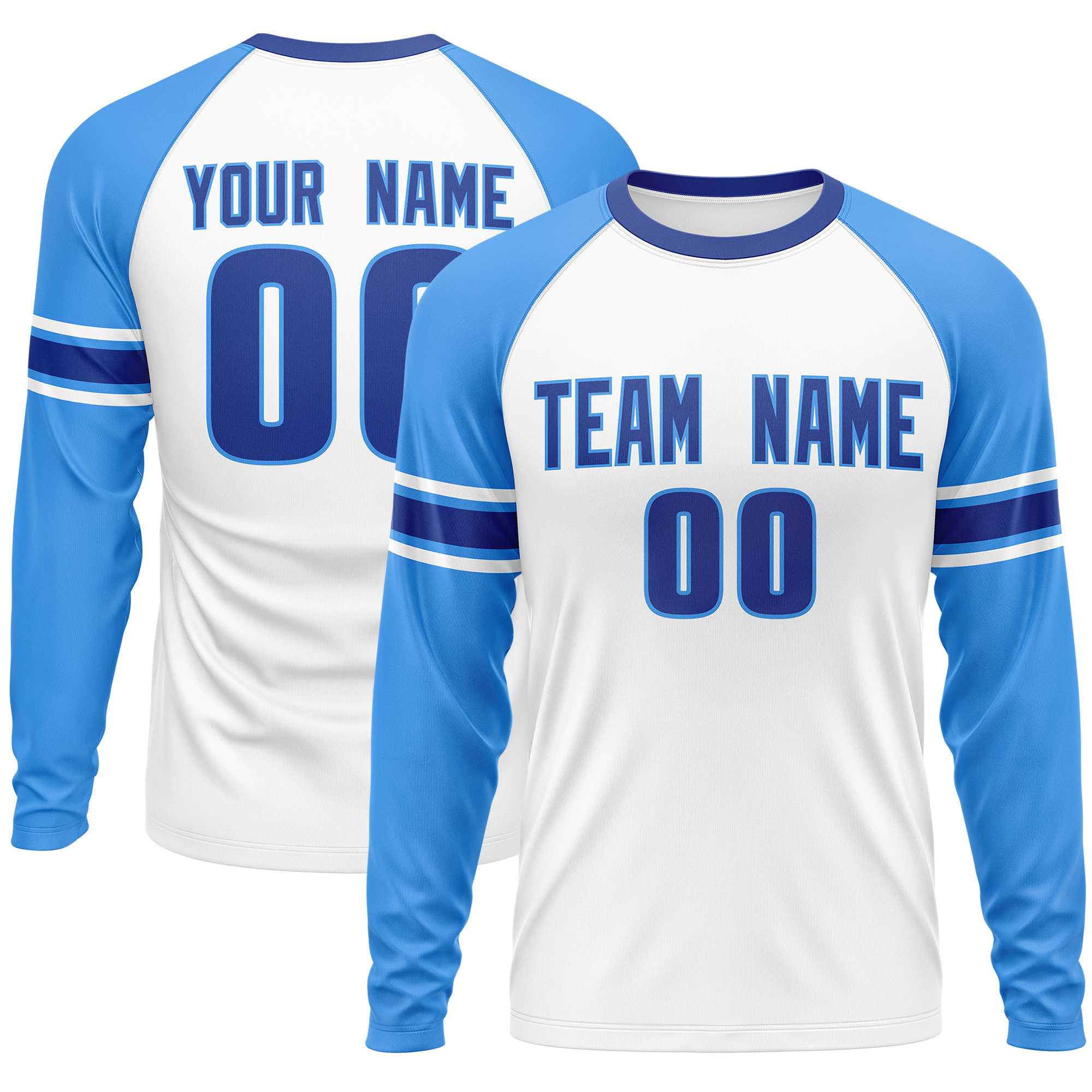 Custom White Powder Blue Royal Crew Neck Personalized Raglan Long Sleeve Performance T-shirt | KXKSHOP