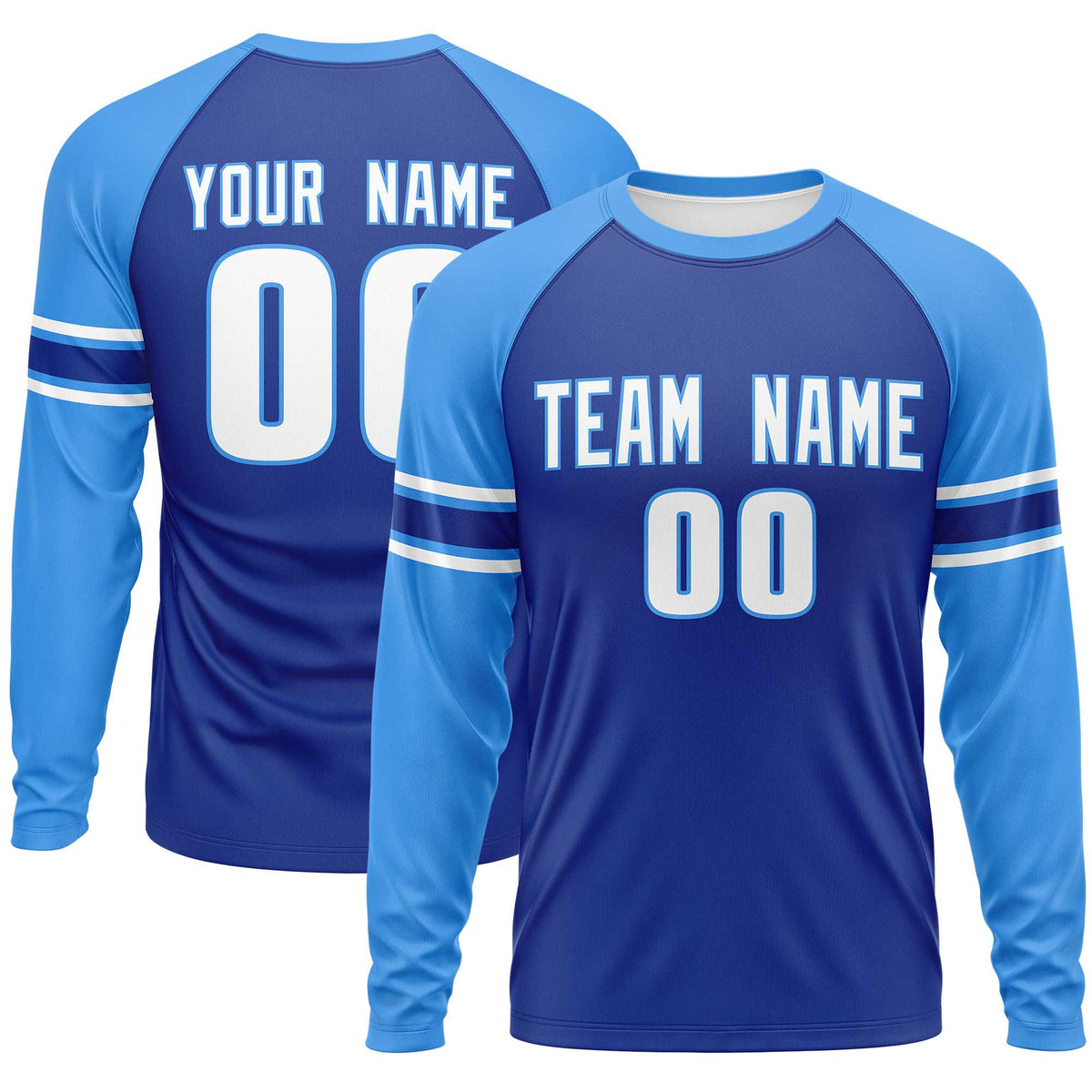 Custom Royal Powder Blue White Crew Neck Personalized Raglan Long Sleeve Performance T-shirt | KXKSHOP