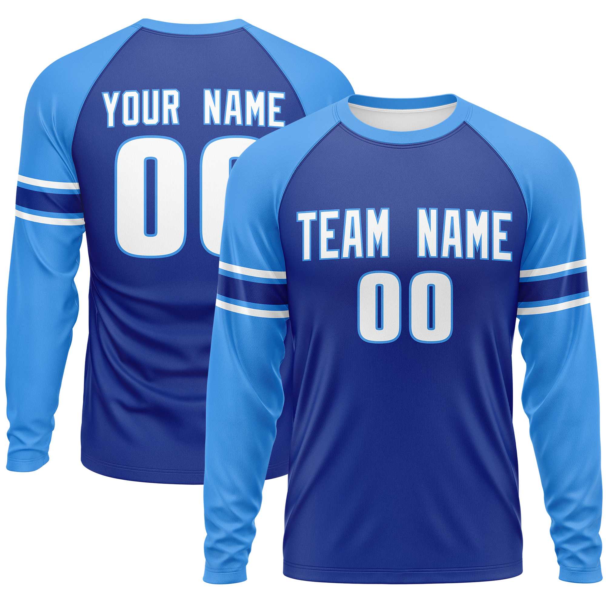 Custom Royal Powder Blue White Crew Neck Personalized Raglan Long Sleeve Performance T-shirt | KXKSHOP