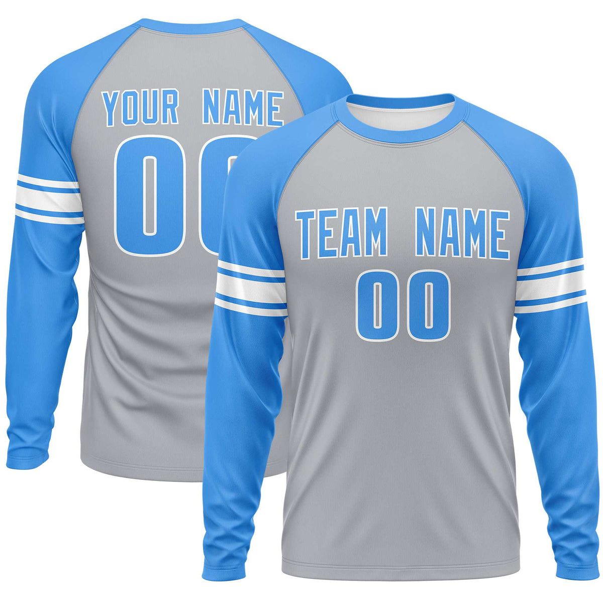 Custom Gray Powder Blue White Crew Neck Personalized Raglan Long Sleeve Performance T-shirt | KXKSHOP
