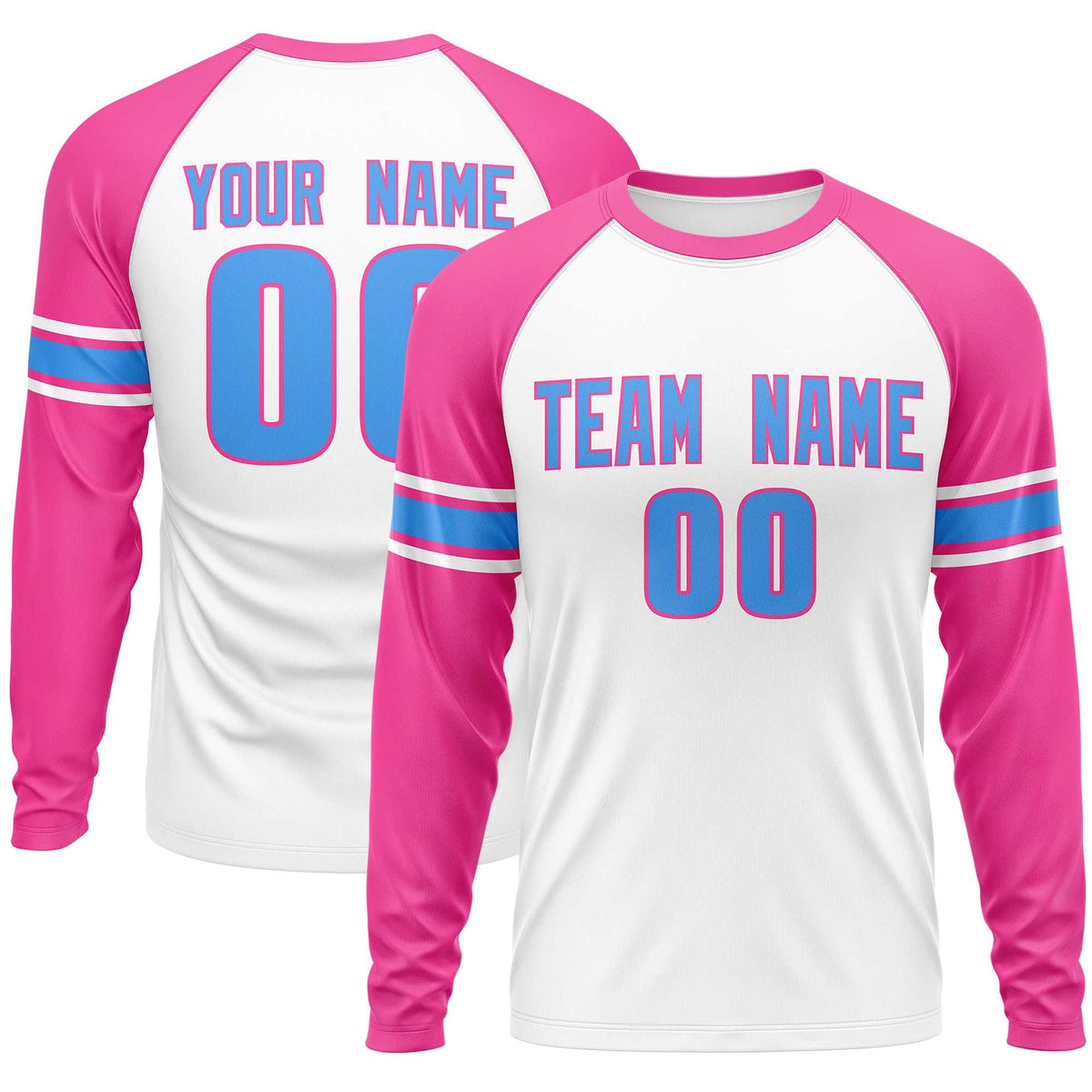 Custom White Pink Powder Blue Crew Neck Personalized Raglan Long Sleeve Performance T-shirt | KXKSHOP