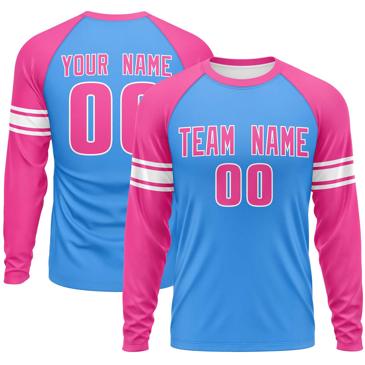 Custom Powder Blue Pink White Crew Neck Personalized Raglan Long Sleeve Performance T-shirt | KXKSHOP