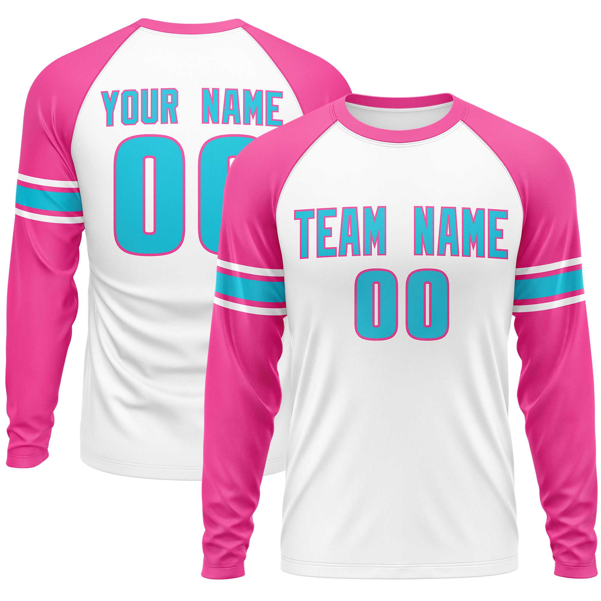 Custom White Pink Sky Blue Crew Neck Personalized Raglan Long Sleeve Performance T-shirt | KXKSHOP