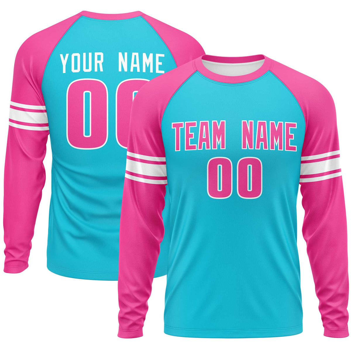 Custom Sky Blue Pink White Crew Neck Personalized Raglan Long Sleeve Performance T-shirt | KXKSHOP