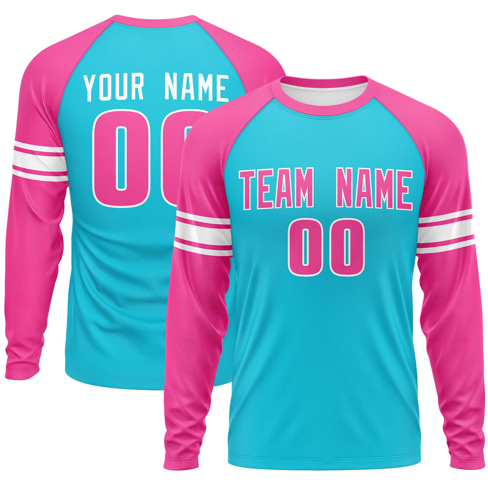Custom Sky Blue Pink White Crew Neck Personalized Raglan Long Sleeve Performance T-shirt | KXKSHOP