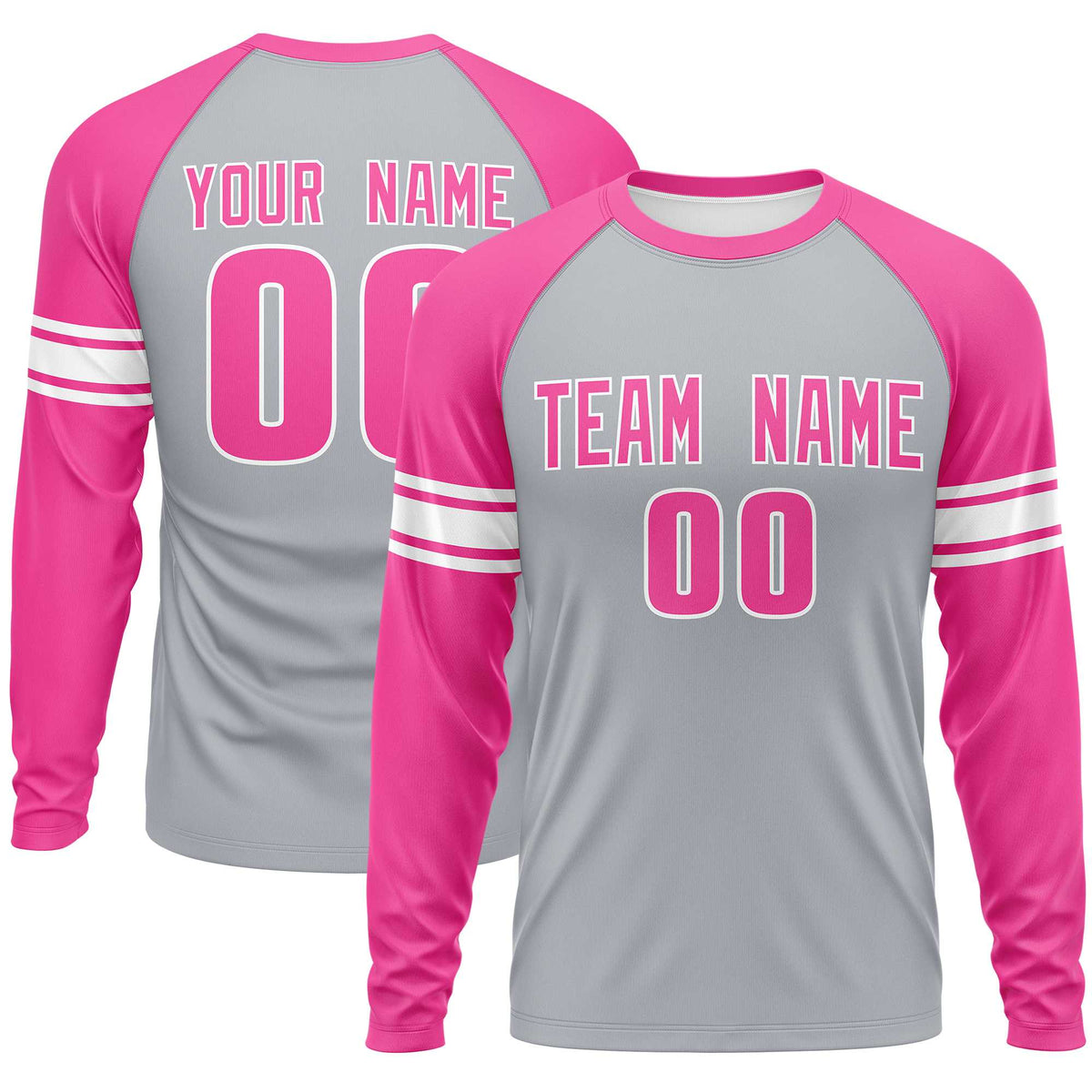 Custom Gray Pink White Crew Neck Personalized Raglan Long Sleeve Performance T-shirt | KXKSHOP