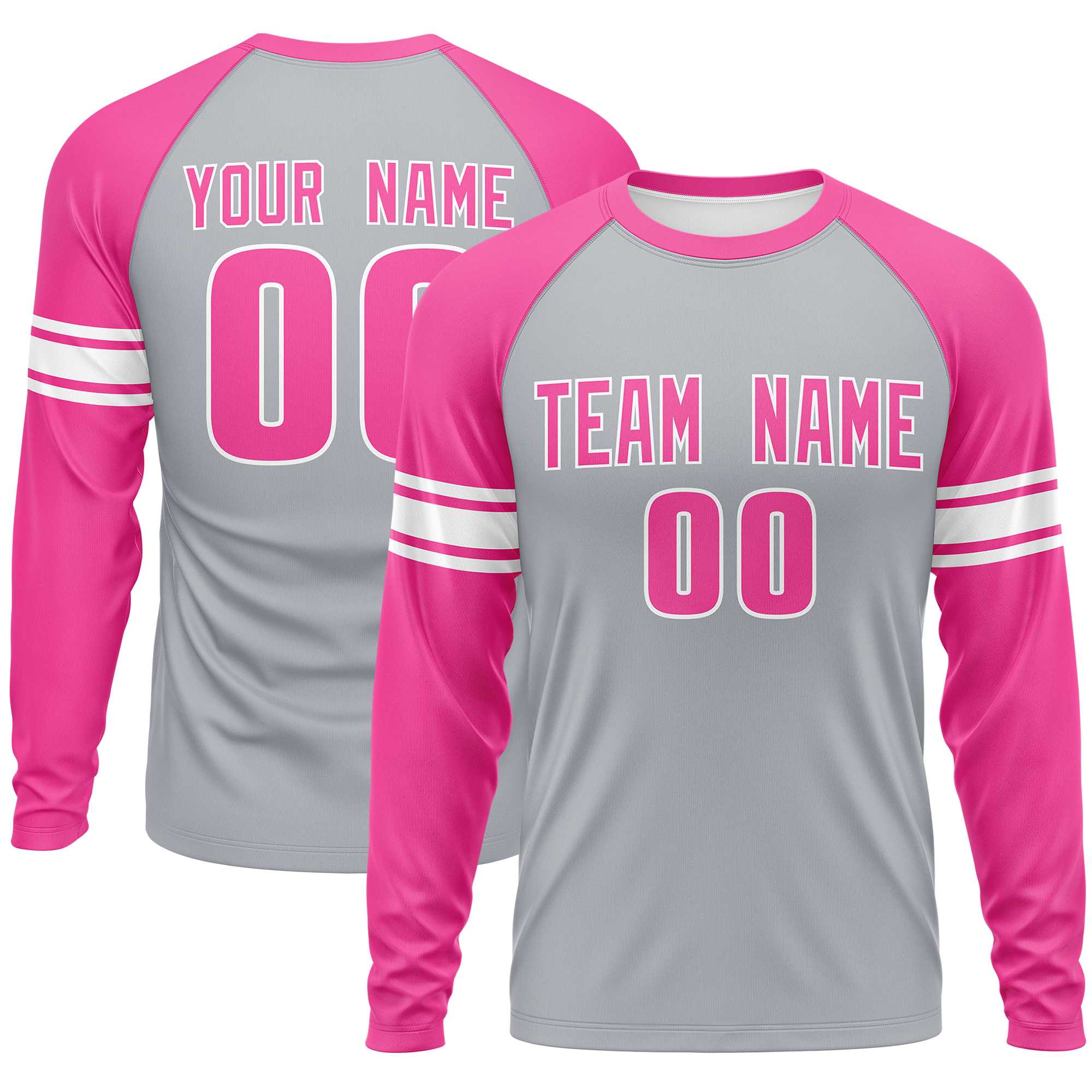 Custom Gray Pink White Crew Neck Personalized Raglan Long Sleeve Performance T-shirt | KXKSHOP
