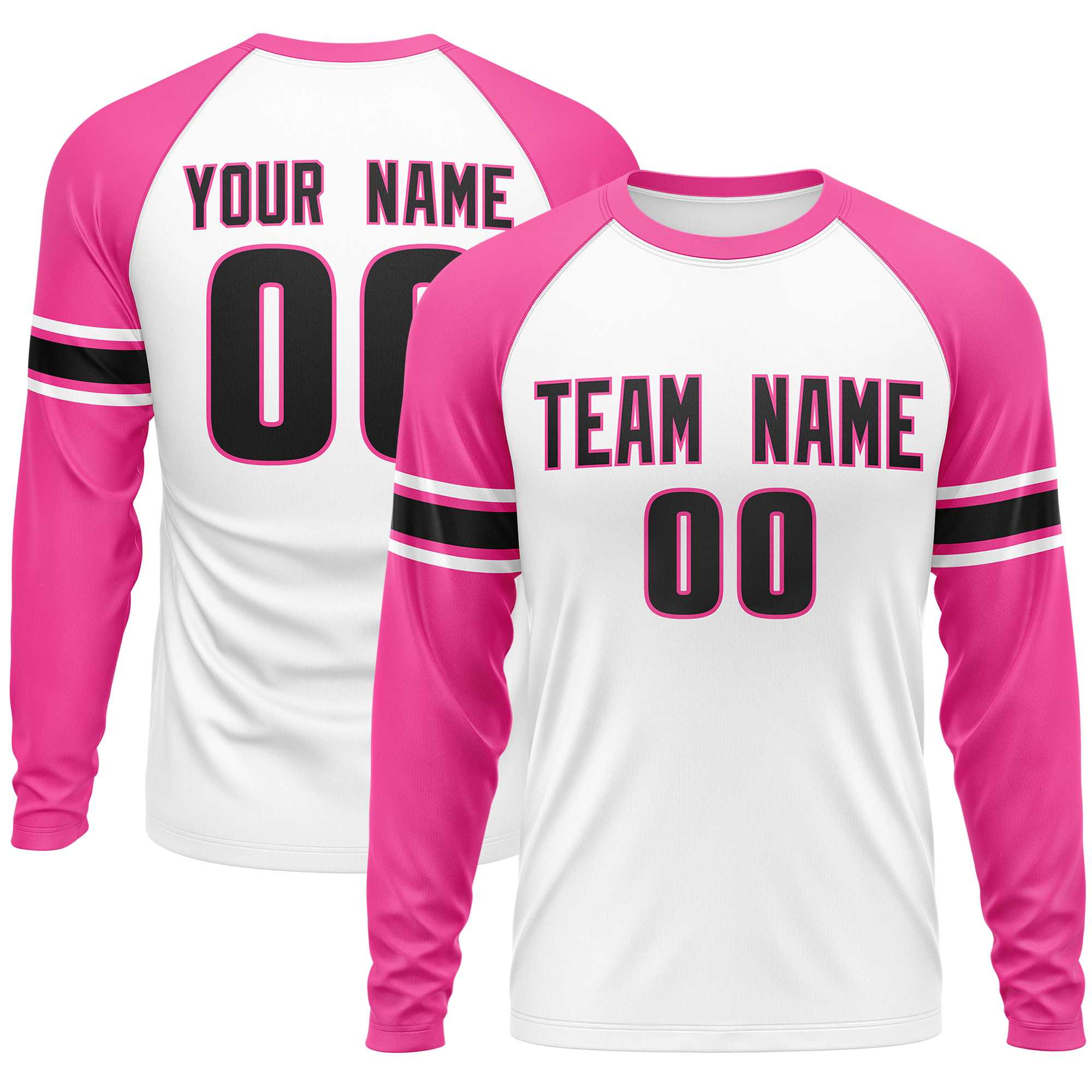 Custom White Pink Black Crew Neck Personalized Raglan Long Sleeve Performance T-shirt | KXKSHOP