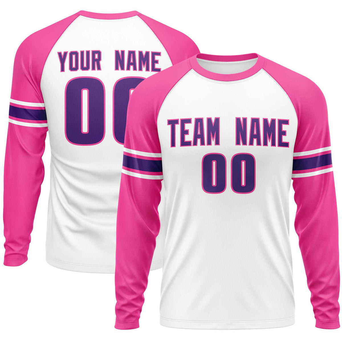 Custom White Pink Purple Crew Neck Personalized Raglan Long Sleeve Performance T-shirt | KXKSHOP