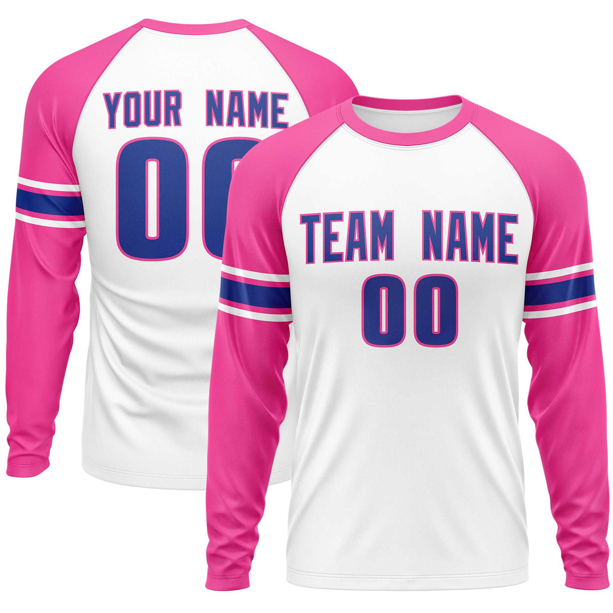 Custom White Pink Royal Crew Neck Personalized Raglan Long Sleeve Performance T-shirt | KXKSHOP