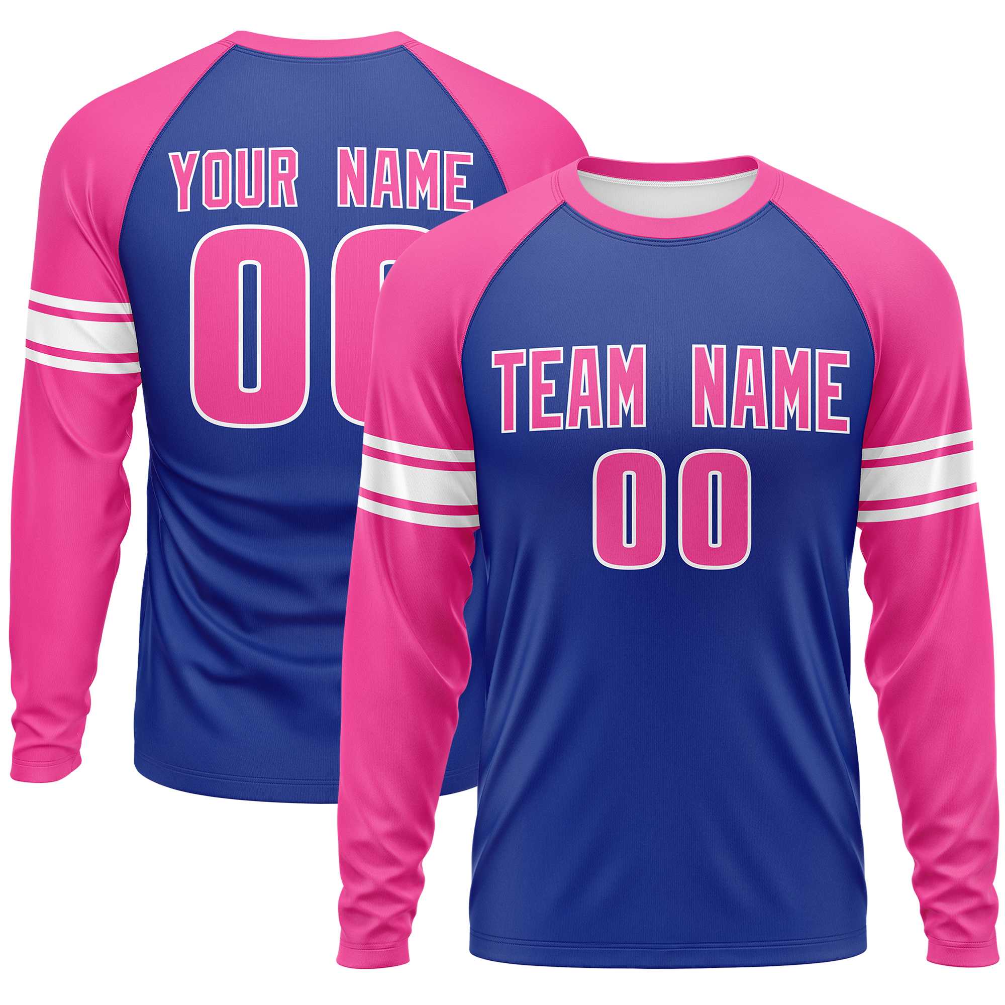 Custom Royal Pink White Crew Neck Personalized Raglan Long Sleeve Performance T-shirt | KXKSHOP