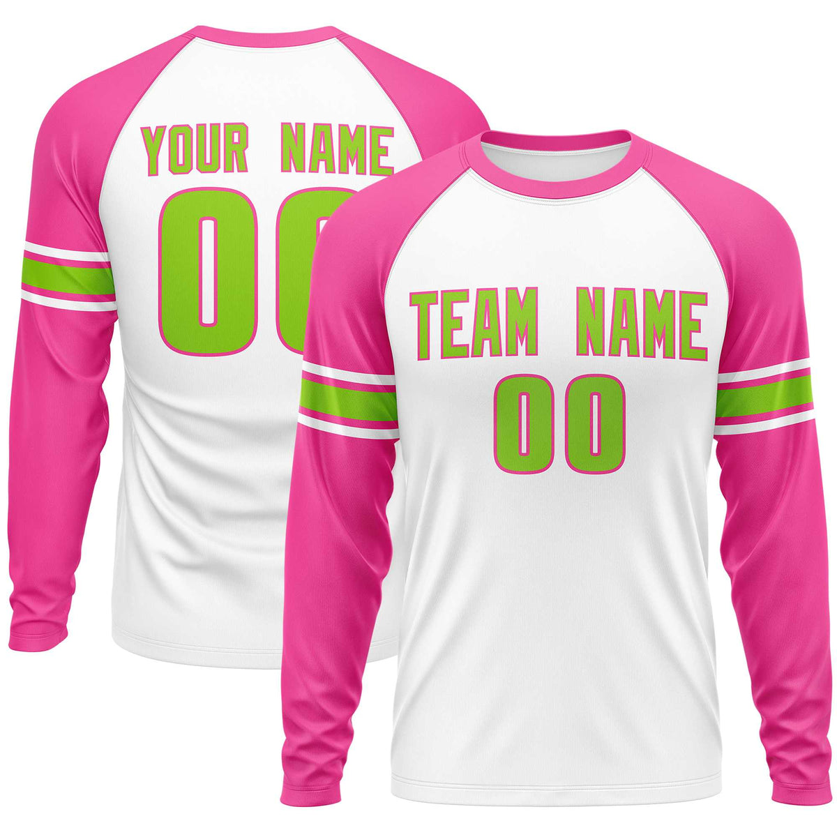 Custom White Pink Neon Green Crew Neck Personalized Raglan Long Sleeve Performance T-shirt | KXKSHOP