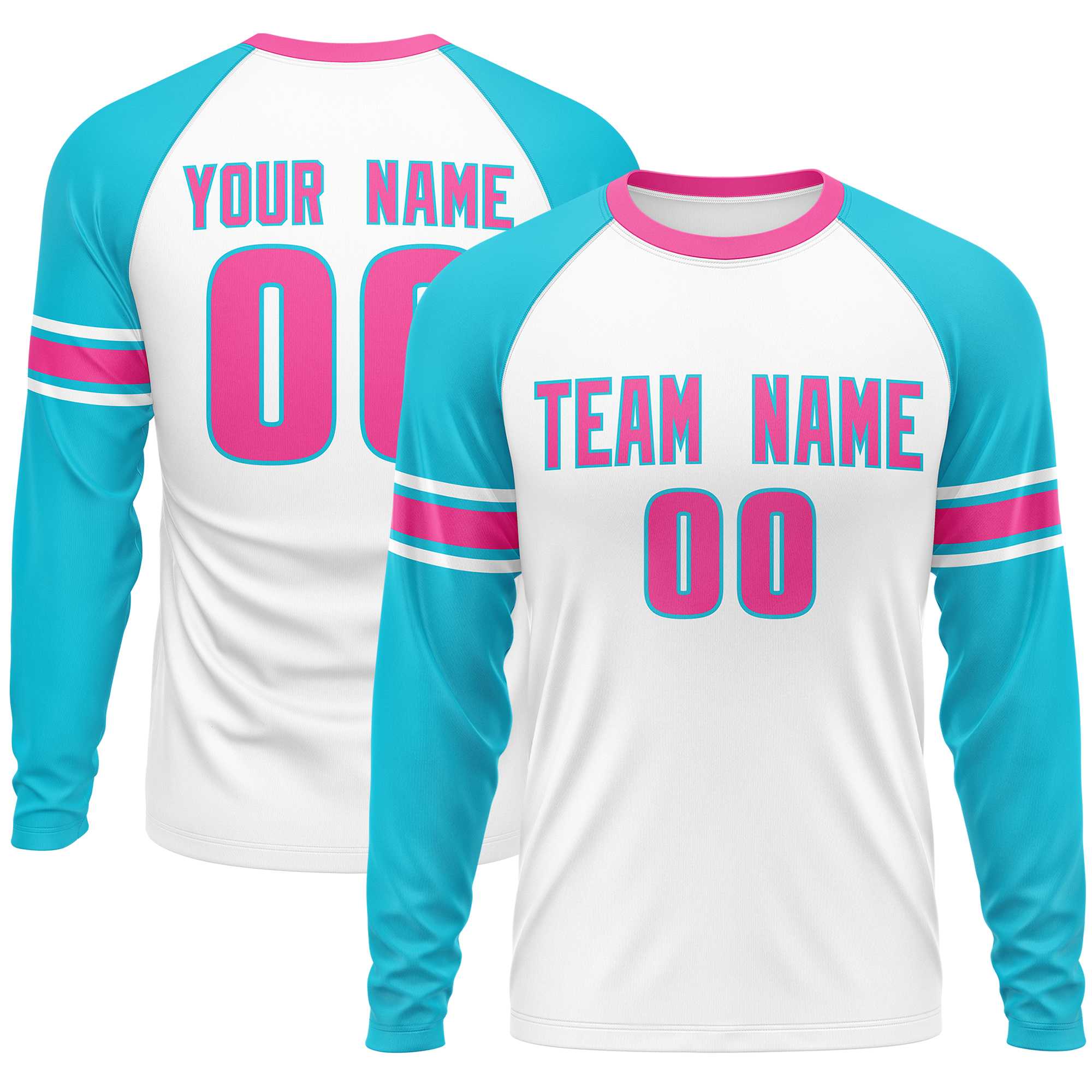 Custom White Sky Blue Pink Crew Neck Personalized Raglan Long Sleeve Performance T-shirt | KXKSHOP