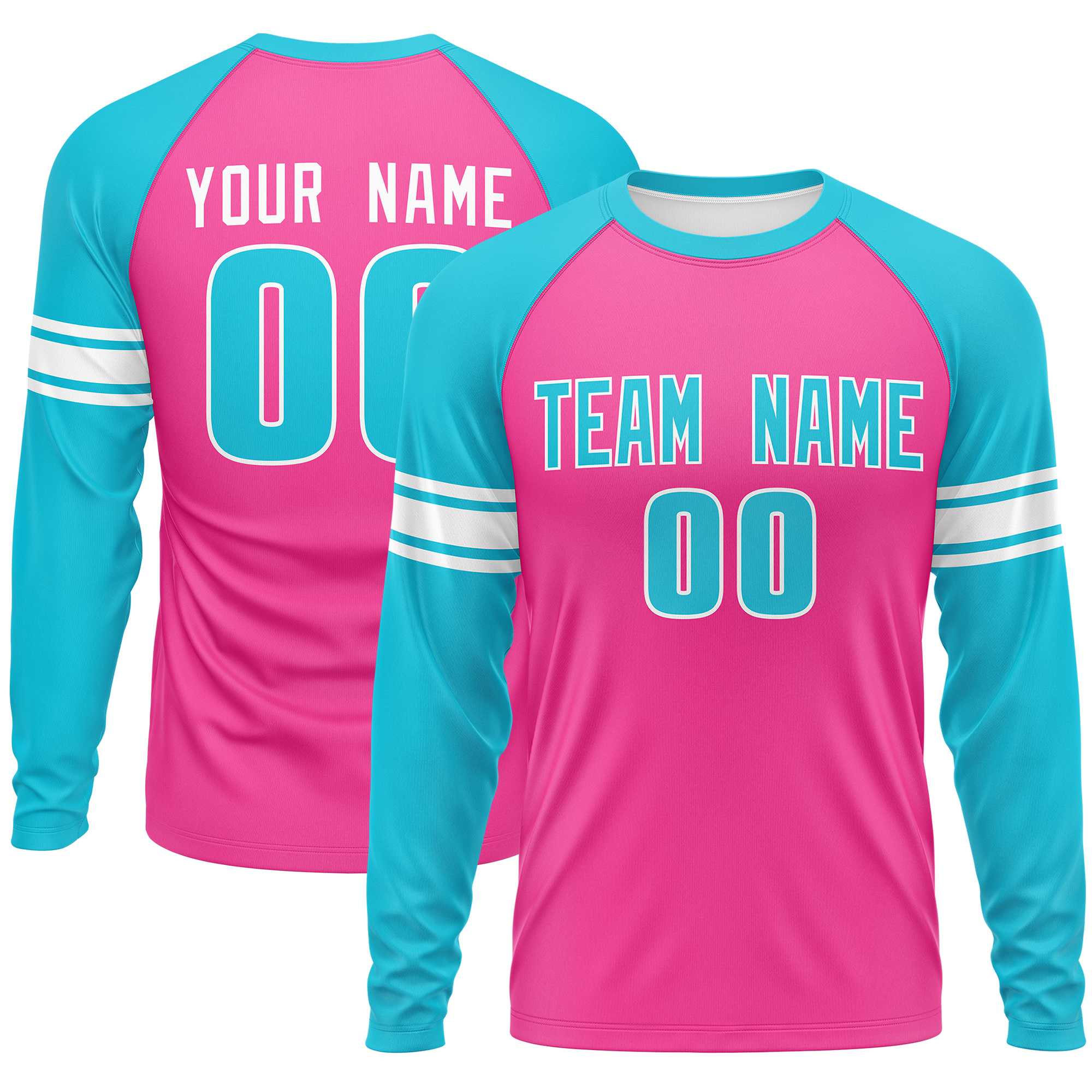 Custom Pink Sky Blue White Crew Neck Personalized Raglan Long Sleeve Performance T-shirt | KXKSHOP