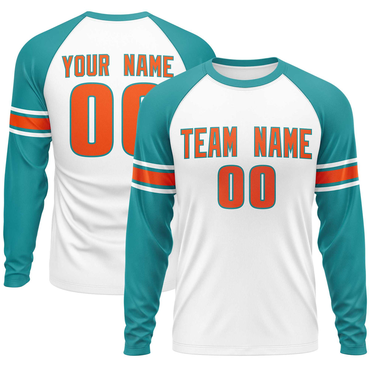 Custom White Aqua Orange Crew Neck Personalized Raglan Long Sleeve Performance T-shirt | KXKSHOP