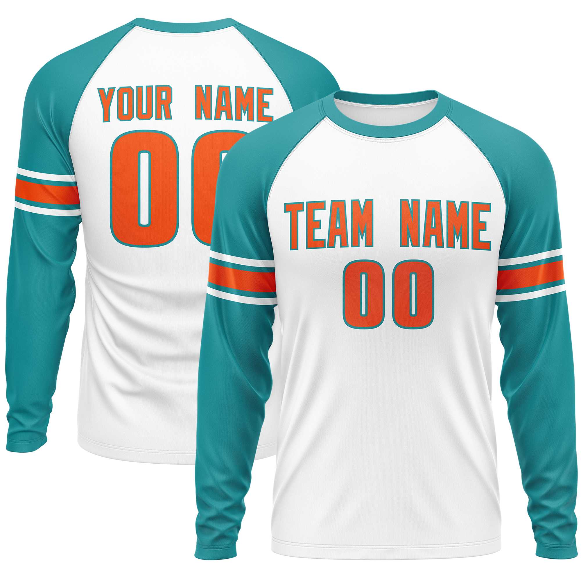 Custom White Aqua Orange Crew Neck Personalized Raglan Long Sleeve Performance T-shirt | KXKSHOP