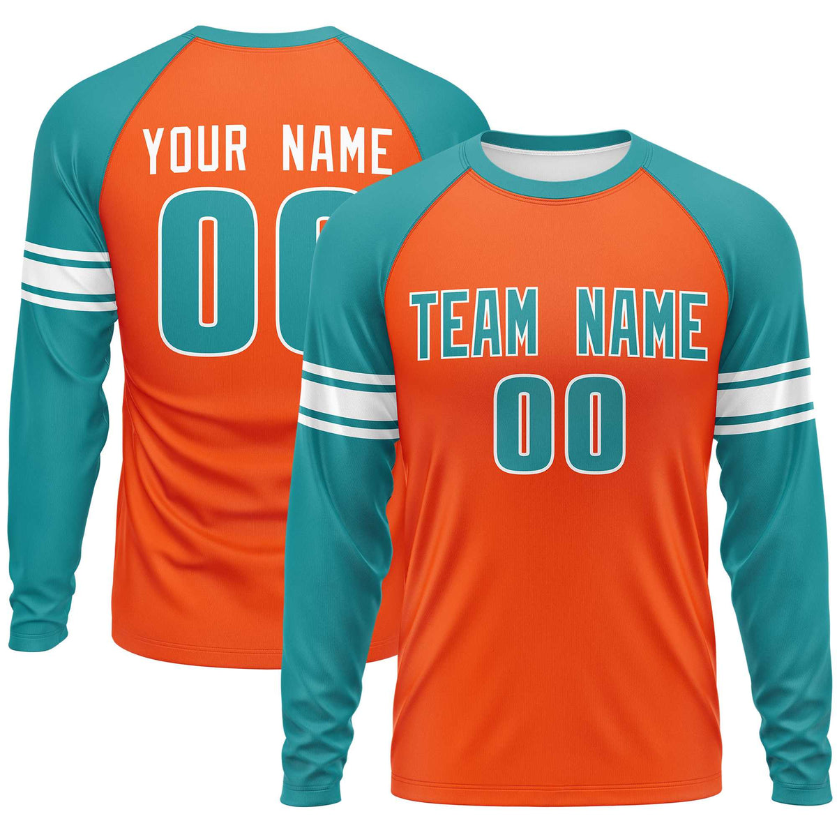Custom Orange Aqua White Crew Neck Personalized Raglan Long Sleeve Performance T-shirt | KXKSHOP
