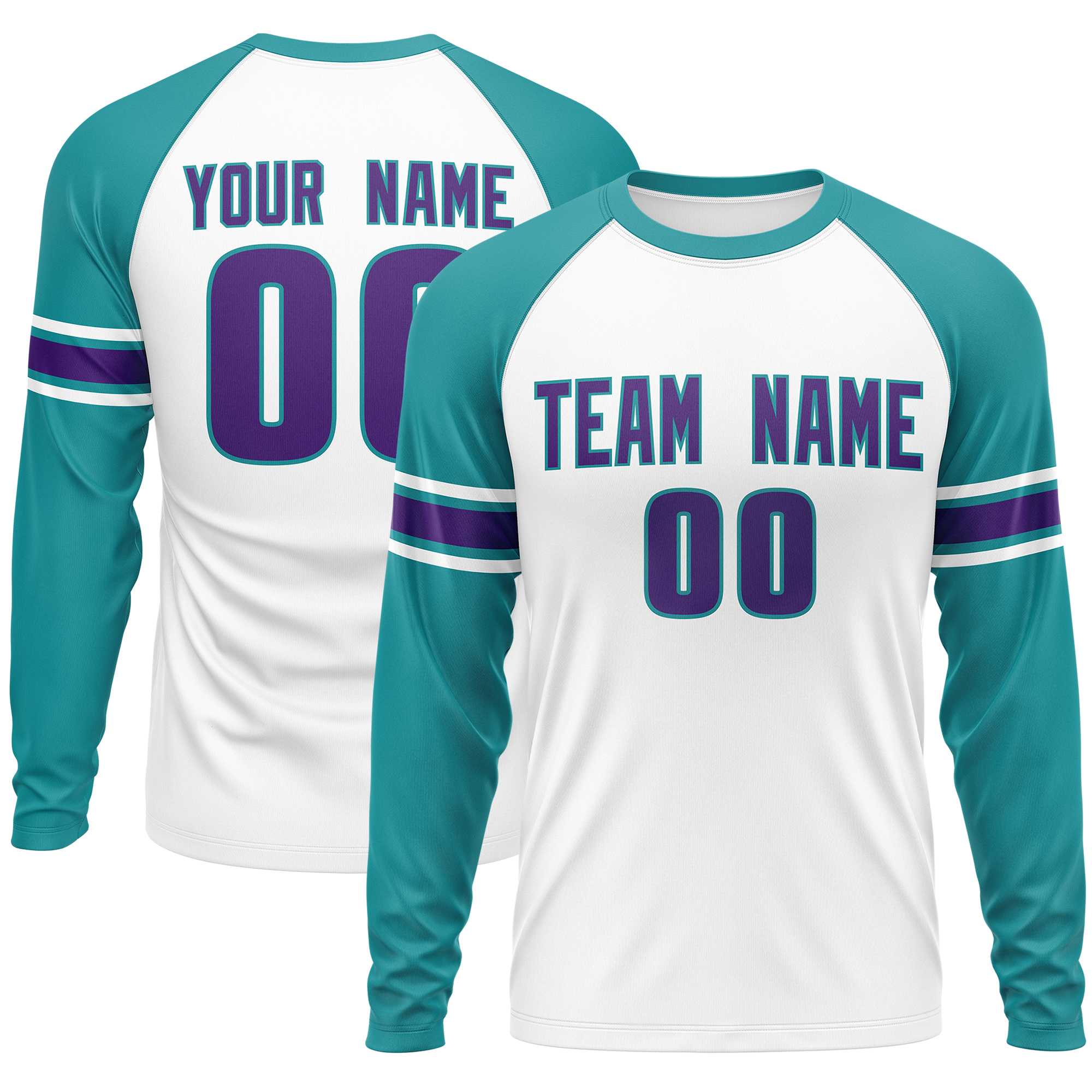 Custom White Aqua Purple Crew Neck Personalized Raglan Long Sleeve Performance T-shirt | KXKSHOP