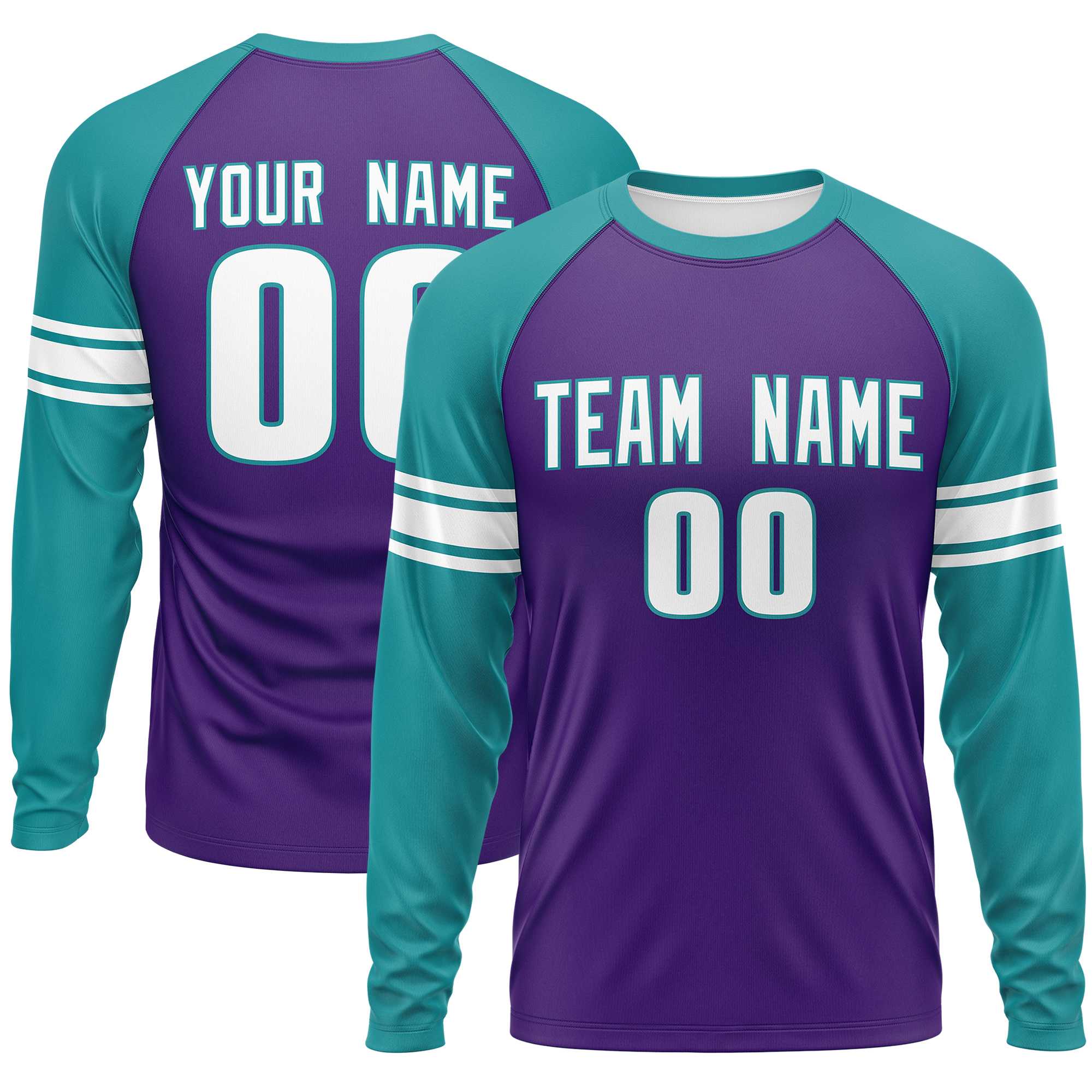 Custom Purple Aqua White Crew Neck Personalized Raglan Long Sleeve Performance T-shirt | KXKSHOP