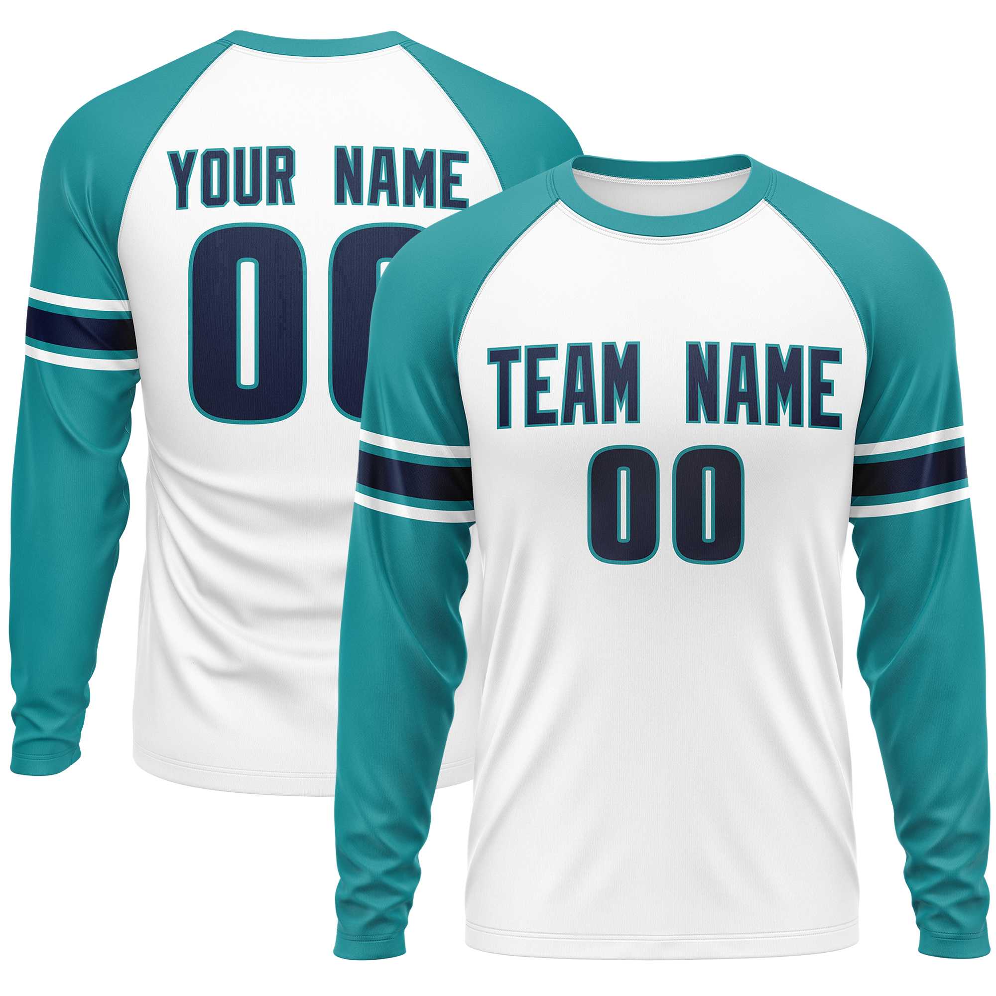 Custom White Aqua Navy Crew Neck Personalized Raglan Long Sleeve Performance T-shirt | KXKSHOP